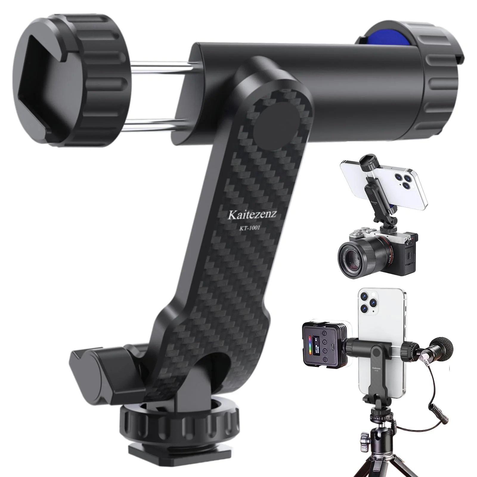 Cell Phone Tripod Mount, Universal Tripod Phone Mount with 2 Cold Shoes, 360° Rotates 180° Tilts Camera Hot Shoe Phone Mount Smartphone Tripod Holder Adapter for iPhone Samsung All Phone