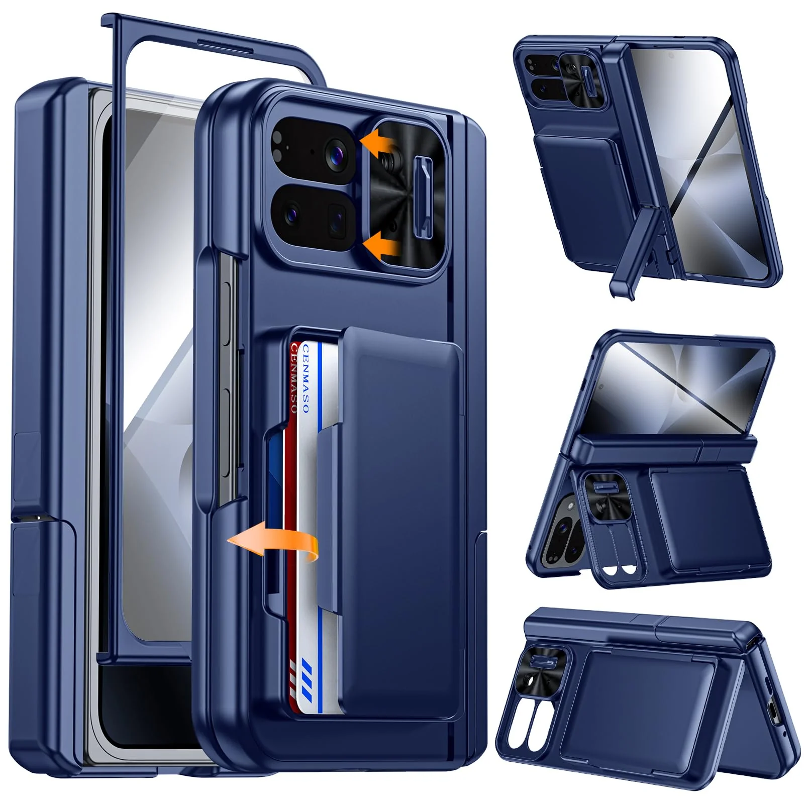 CENMASO for Google Pixel 10 Pro Fold Case with Card Holder [RFID Blocking] Camera Cover, Hinge Protection, Dual Hidden Kickstand, Screen Protector, Shockproof Phone Case for Pixel 10 Pro Fold (Blue) Blue-wallet