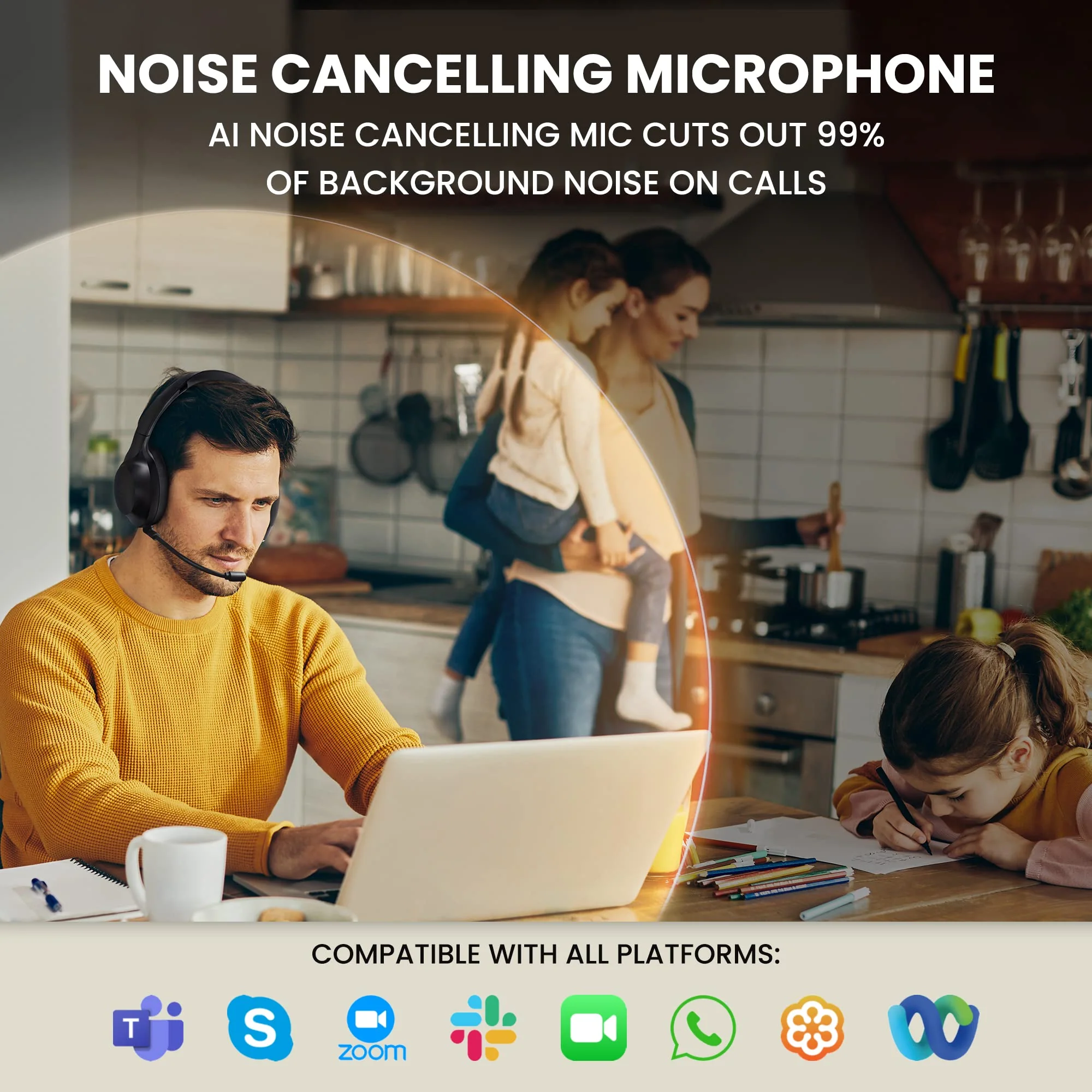 ClearCall 70 - Bluetooth Headphones with Microphone for Work - Removable Boom Mic - Over Ear Office Wireless Headsets for Computer, Wireless Headphones Mic, Bluetooth Headset with Microphone for PC Black - Image 2