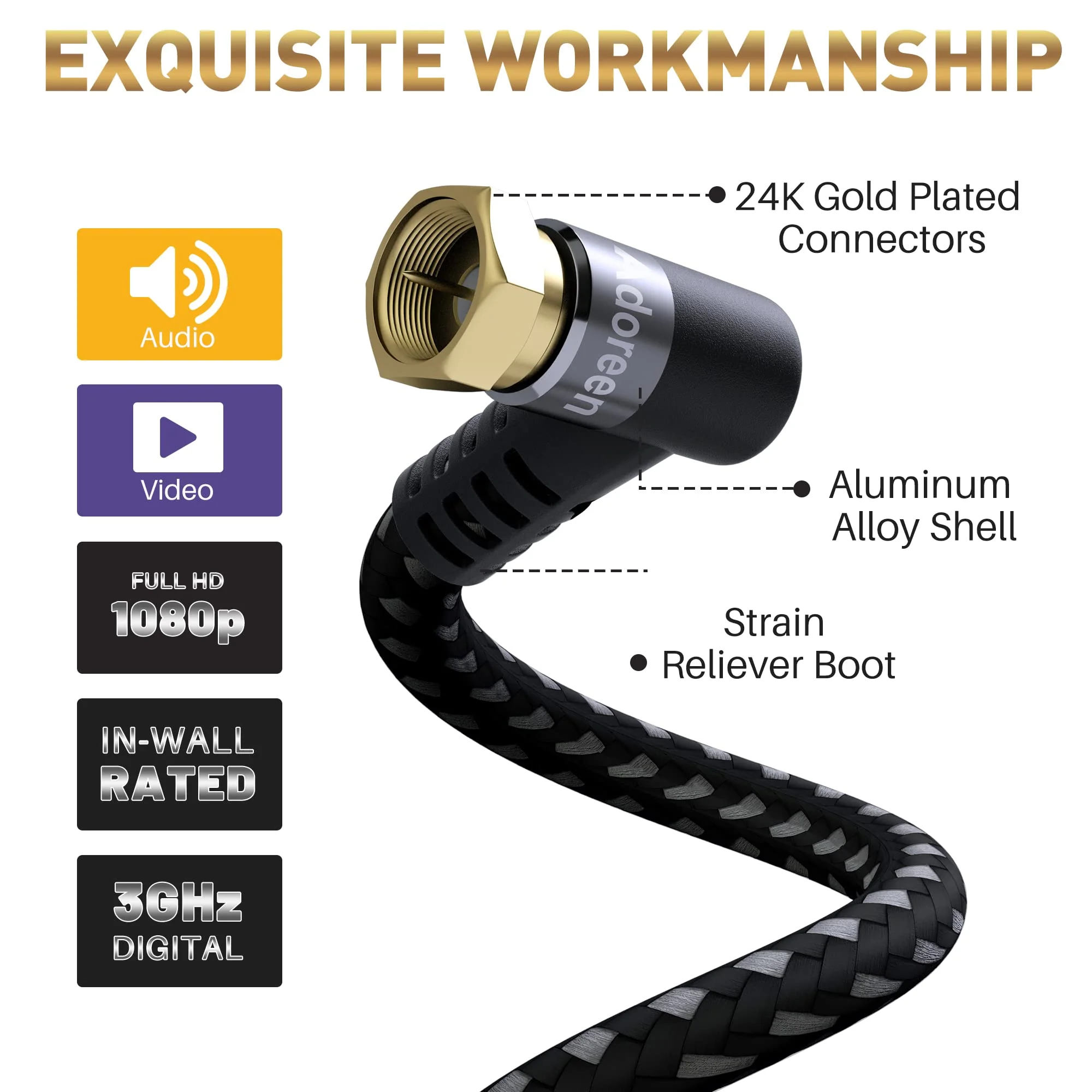 Coaxial Cable 1.5 ft-2 Pack-Right Angle Quad Shielded 90 Degree RG6 Coax Cable Cord, Male F Gold-Plated Nylon-Braided, in-Wall, Digital TV Aerial AV with Angled Male to Female Adapter+15 Ties 1.5ft-2PK Angled to Straight - Image 4