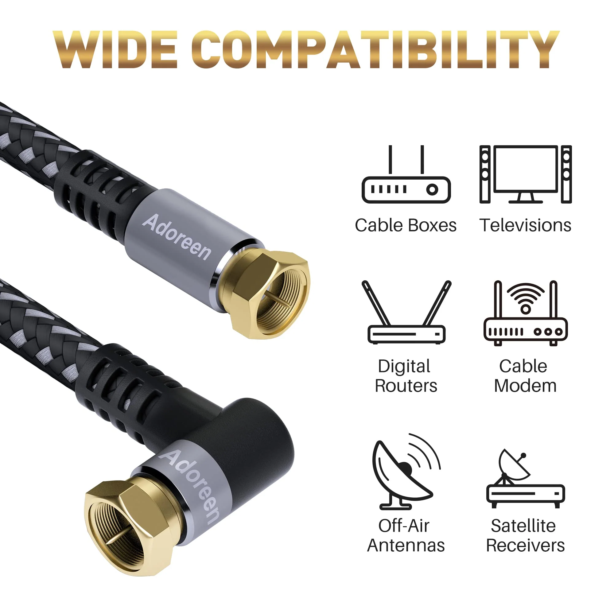 Coaxial Cable 1.5 ft-2 Pack-Right Angle Quad Shielded 90 Degree RG6 Coax Cable Cord, Male F Gold-Plated Nylon-Braided, in-Wall, Digital TV Aerial AV with Angled Male to Female Adapter+15 Ties 1.5ft-2PK Angled to Straight - Image 5