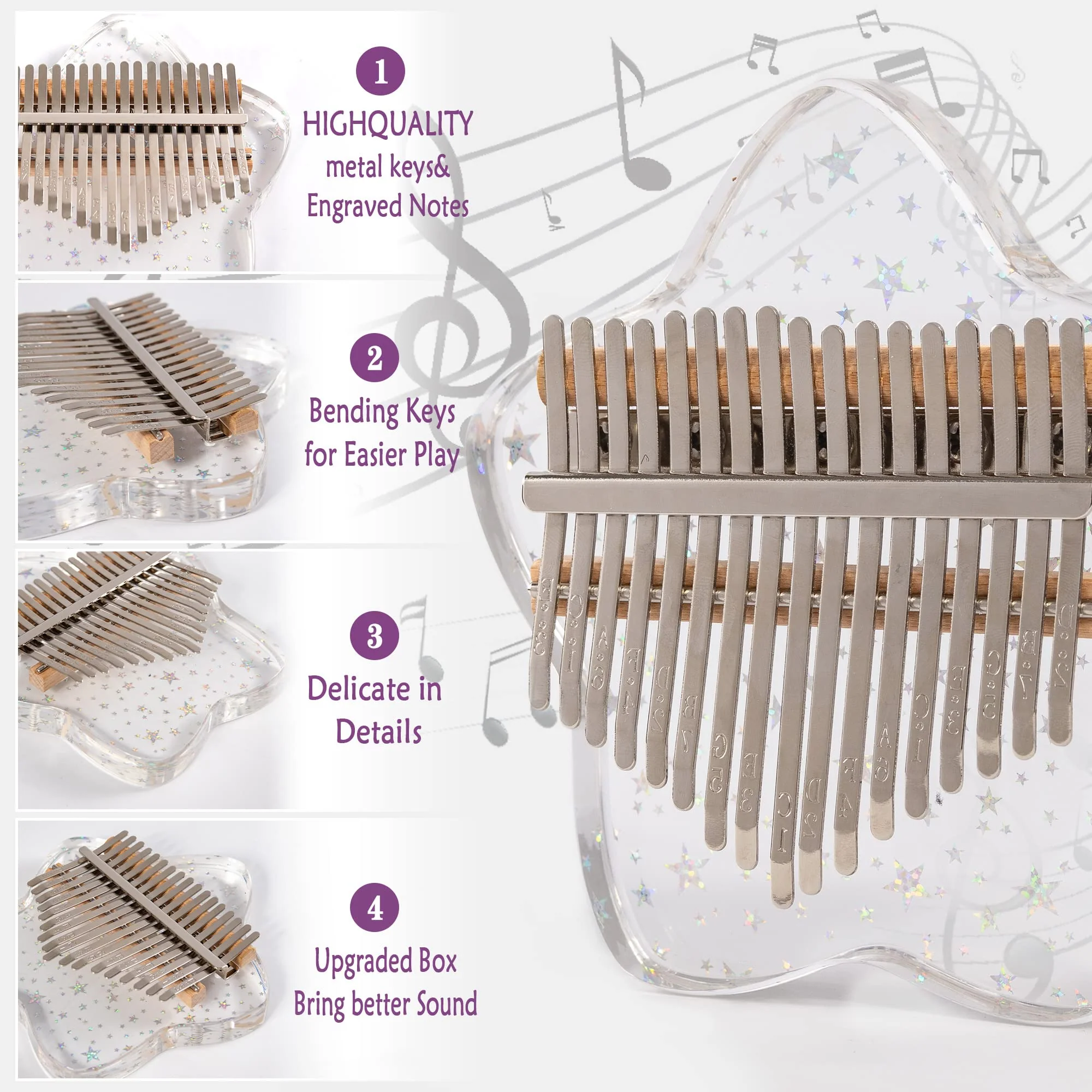Cute Kalimba Thumb Piano 17 Keys-Star Crystal Acrylic Finger Piano-Portable Mbira Musical Instruments Cute Christmas Gift with Tune Hammer and Study Instruction for Adults Beginners Star - Image 5