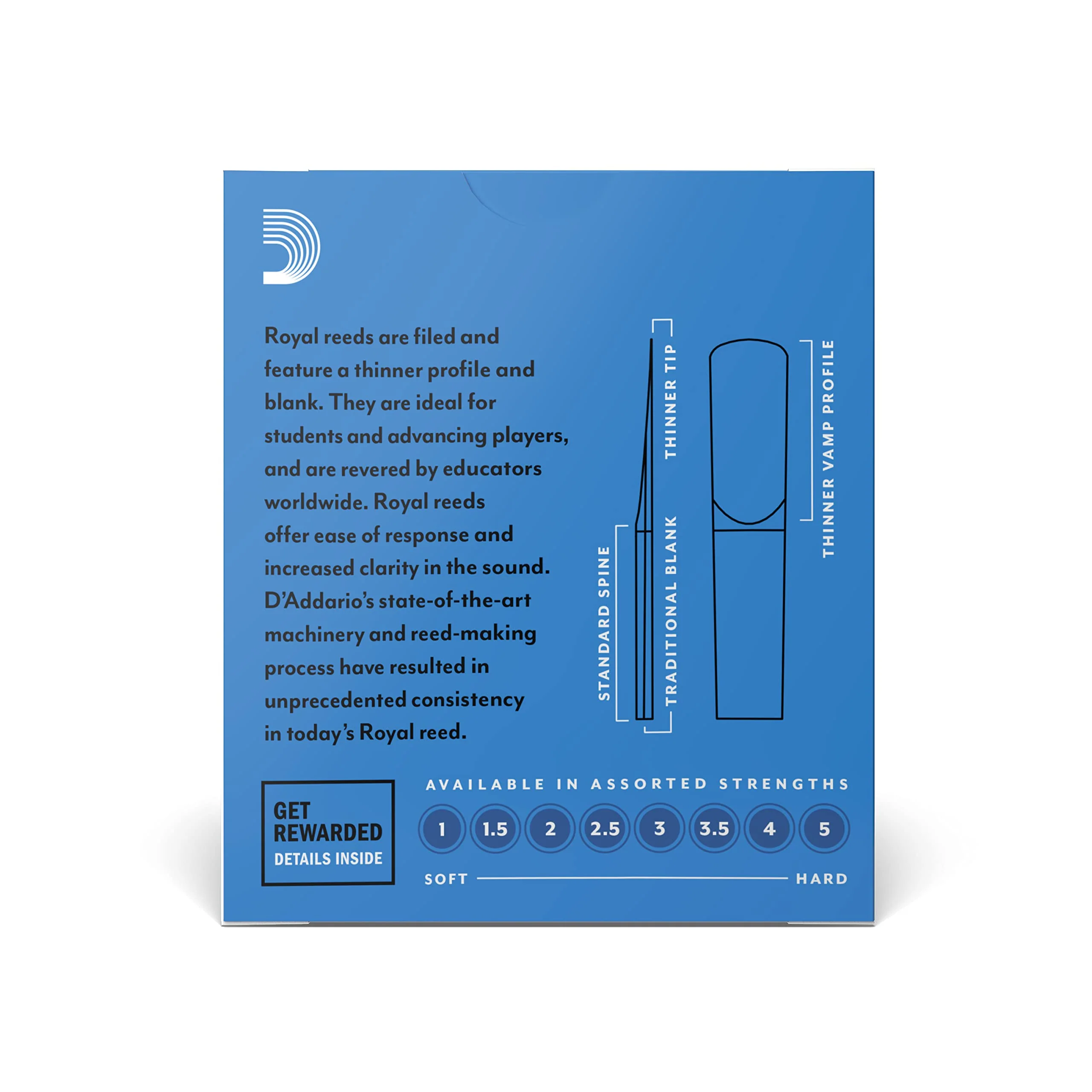 D’Addario Woodwinds - Royal Bb Clarinet Reeds - B Flat Clarinet Reeds - Reeds for Clarinet - Clarinet Bb Reeds - Strong Spine - Filed Cut - Strength 2.5, 10-Pack - Image 3
