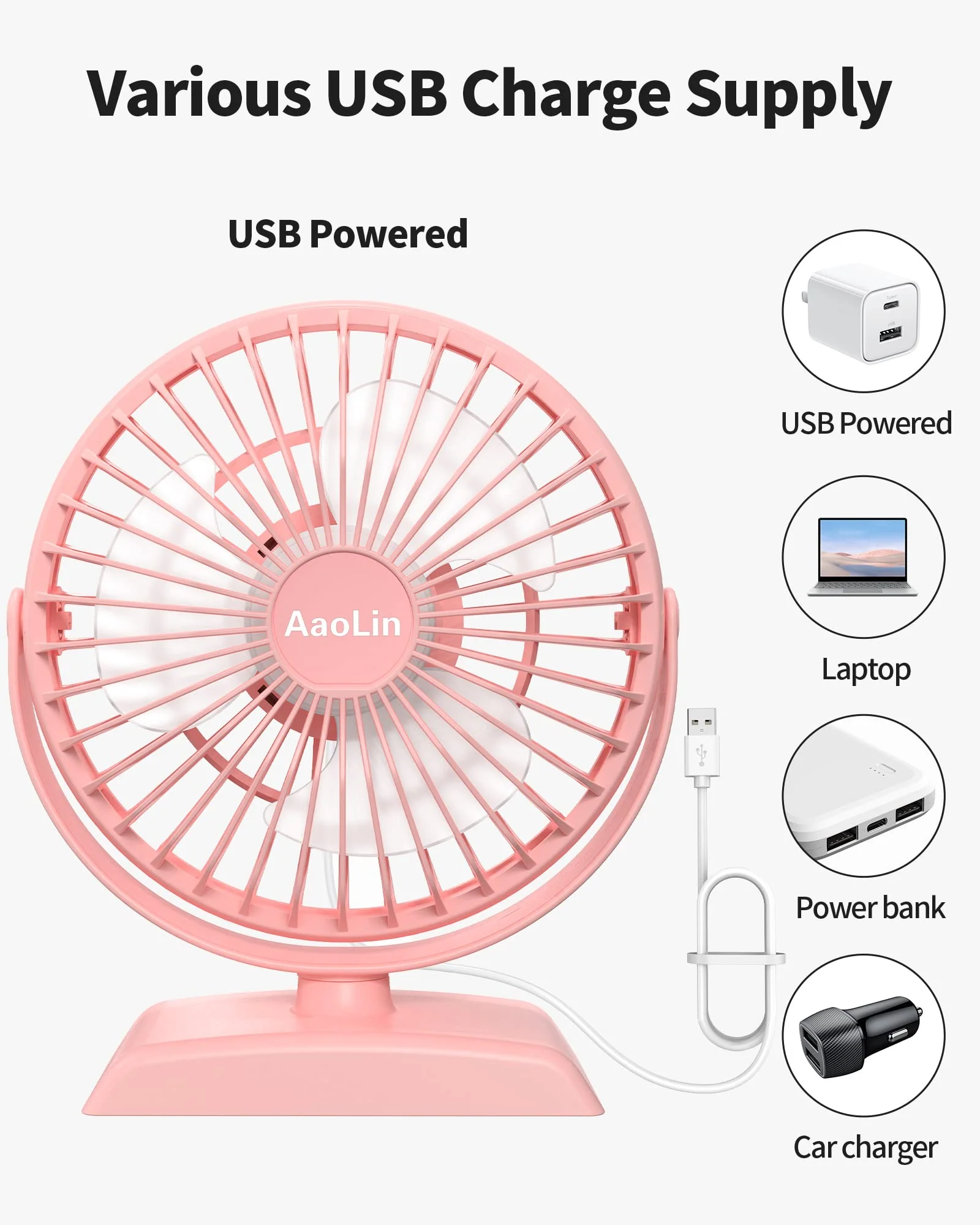 Desk Fan, USB Small Fans with 3 Speeds Strong Airflow, Quiet Portable, 360° Rotation Personal Table Fan for Home,Office, Bedroom Desktop Pink02 - Image 7