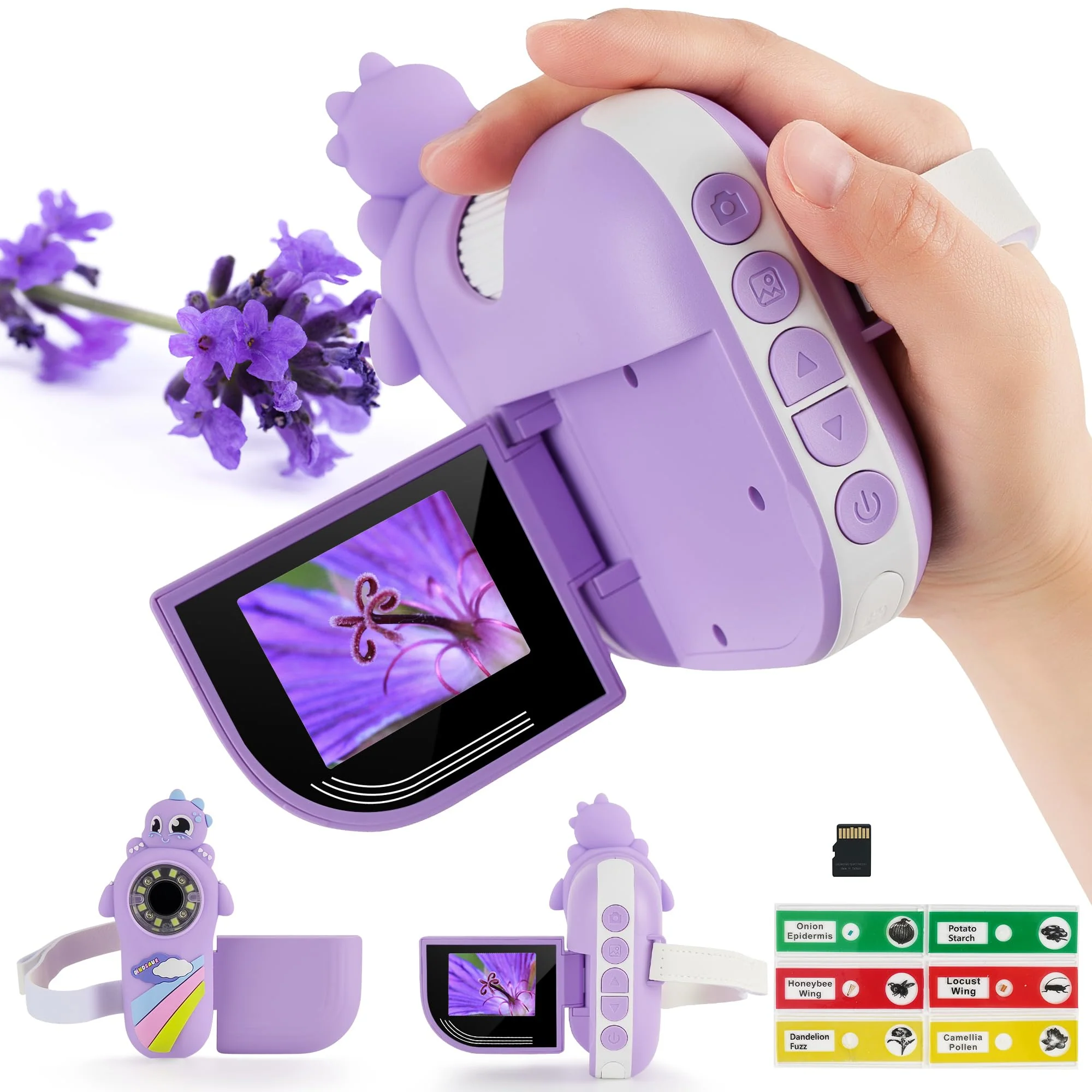 Dino Microscope for Kids, 1000x Portable Digital Microscope Camera with 2" Screen, Educational Science Kit Birthday Gifts for Kid Age 4-12, 32GB TF Card Included Violet