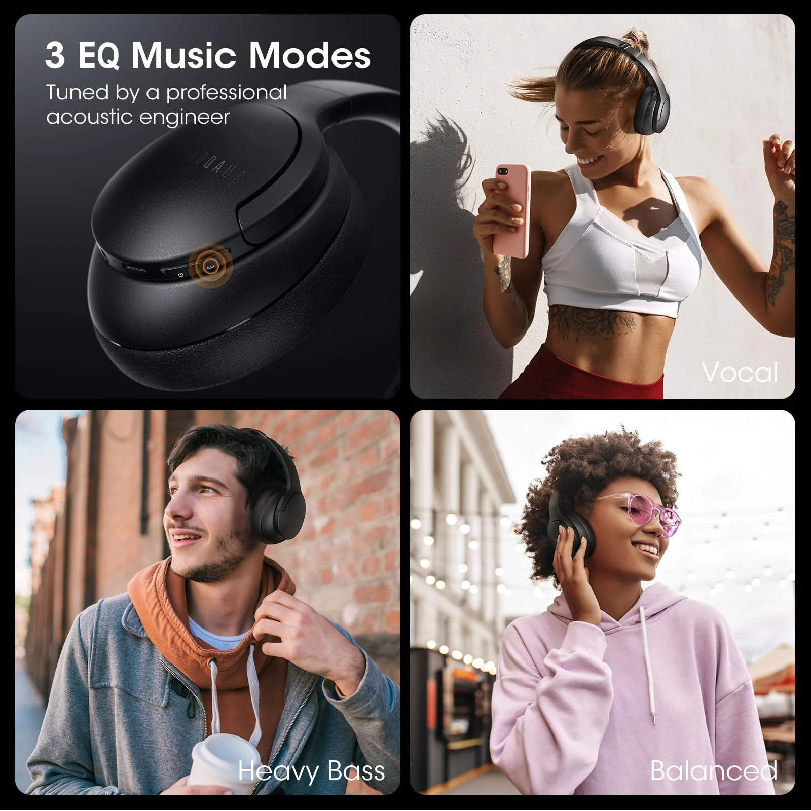 DOQAUS ๐๐ฉ๐ ๐ซ๐๐๐๐ Bluetooth Headphones Over Ear, 90H Playtime Bluetooth 5.3 Wireless Headphones 3 EQ Modes, Built-in HD Mic, HiFi Stereo Sound,Deep Bass,Memory Foam Ear Cups for Phone/PC Black - Image 3