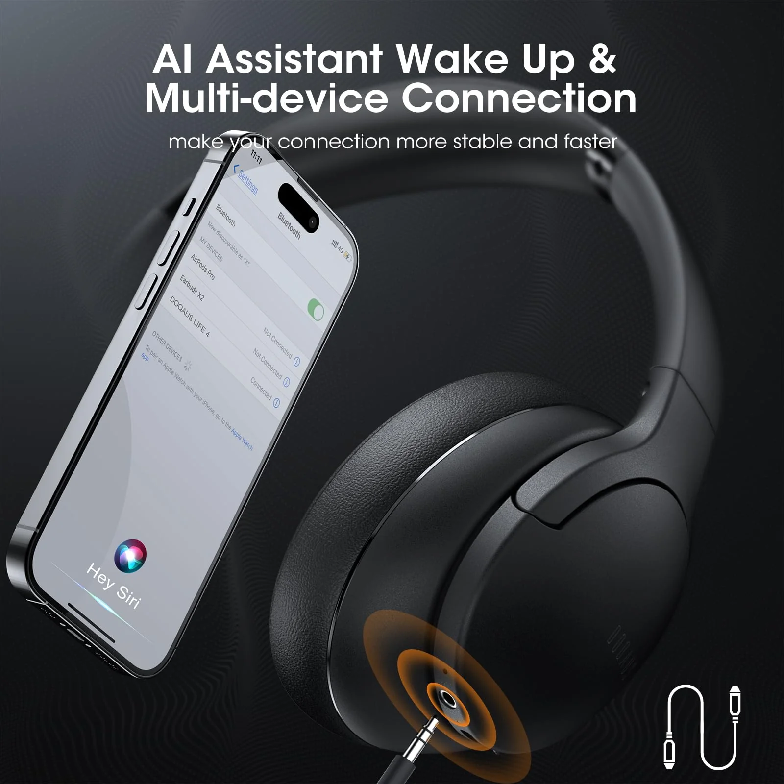 DOQAUS ๐๐ฉ๐ ๐ซ๐๐๐๐ Bluetooth Headphones Over Ear, 90H Playtime Bluetooth 5.3 Wireless Headphones 3 EQ Modes, Built-in HD Mic, HiFi Stereo Sound,Deep Bass,Memory Foam Ear Cups for Phone/PC Black - Image 4
