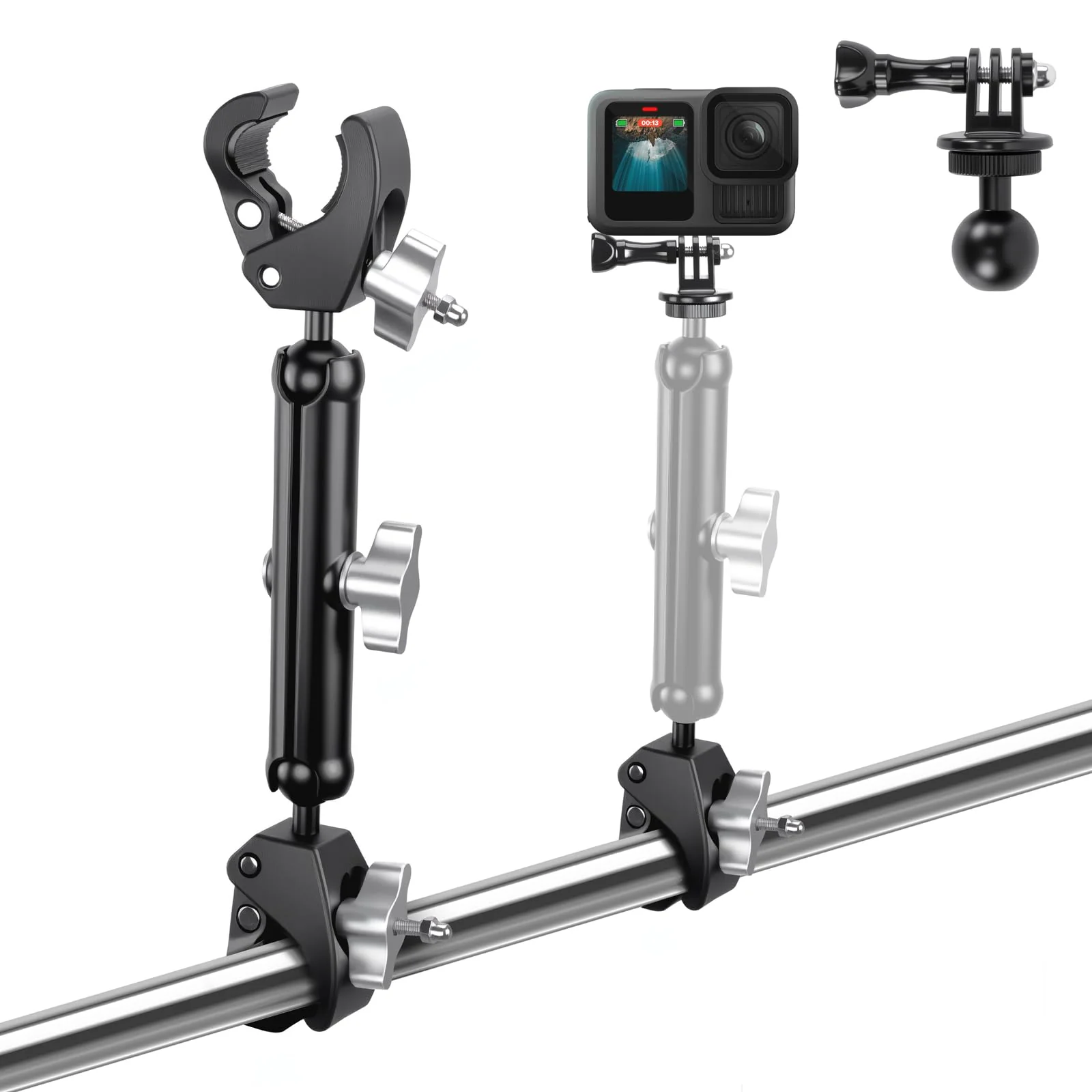 Double Super Clamp Camera/Umbrella Mount,360° Magic Long Arm Pole Clamp,Double Ball Head Adapter for Photo Studio Light Stand,Gopro,Golf Carts,Motorcycle,Cross Bars,Strollers (Black) Black
