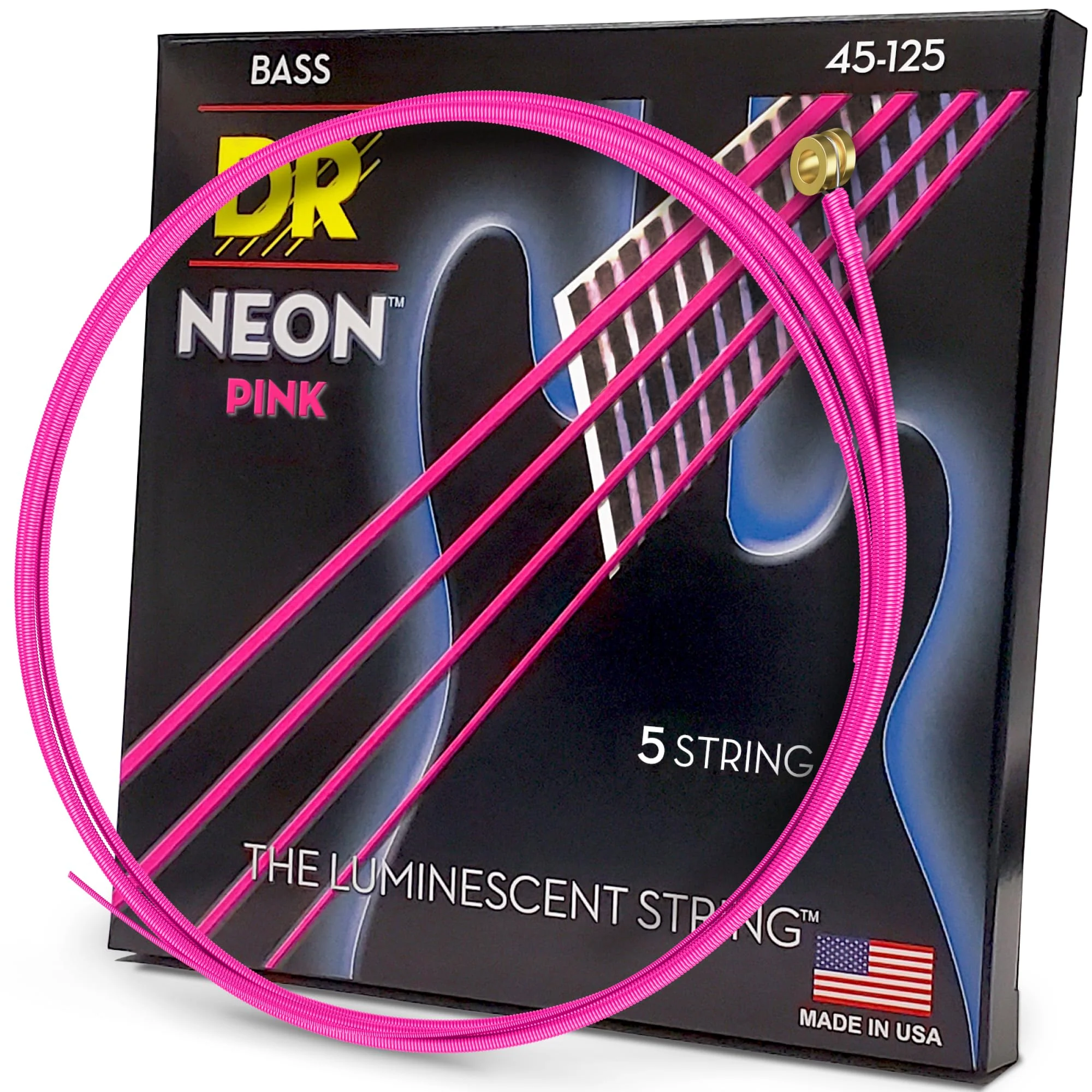 DR Strings HI-DEF NEON Bass Guitar Strings (NPB5-45) NEON™ PINK: 5-String Medium 45-125