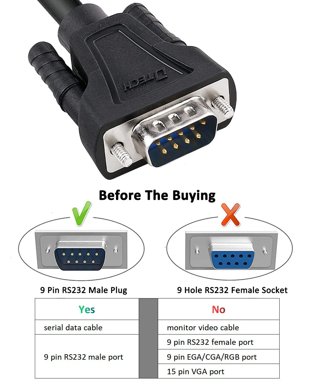 DTECH DB9 RS232 Serial Cable Male to Male Null Modem Cord Full Handshaking 7 Wire Crossover for Data Communication (10 Feet, Black) 10ft - Image 3