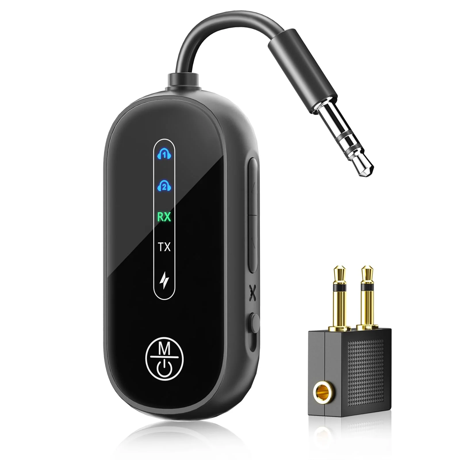 Dual Link Bluetooth 5.4 Transmitter for Airplane Travel 2-in-1 Bluetooth Adapter Airplane Travel Essentials Wireless Receiver, 3.5MM AUX Jack Adapter on Flight/TV/Car Stereo/Gym