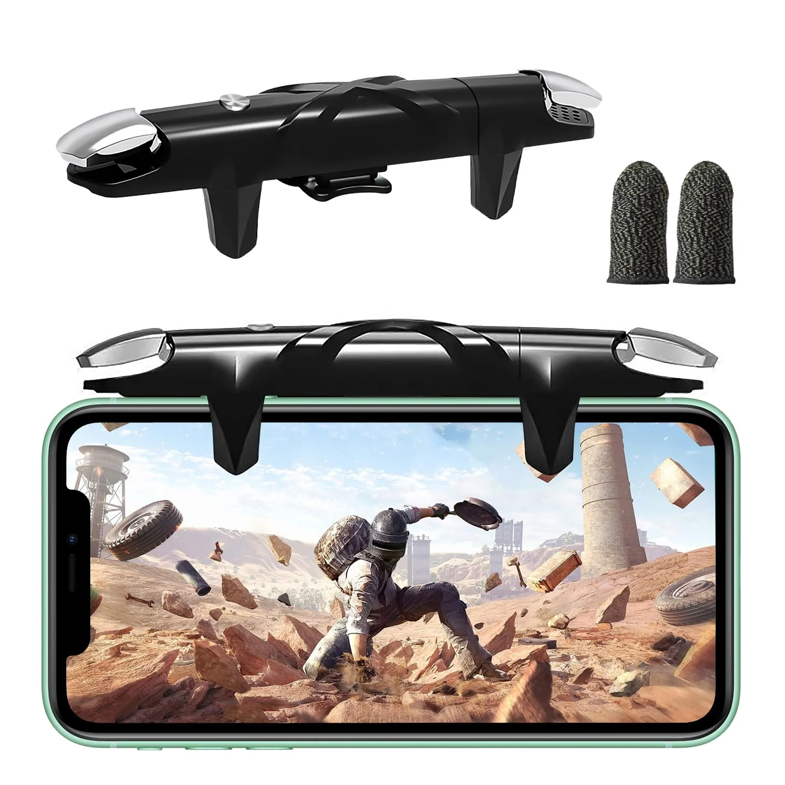 EasEasy Phone Game Trigger for iOS/Android, Mobile Gamepad Controller Compatible for PUBG/Knives Out/Call of Duty, Sensitive Aim & Shoot PUBG Trigger with Gaming Finger Sleeves Black