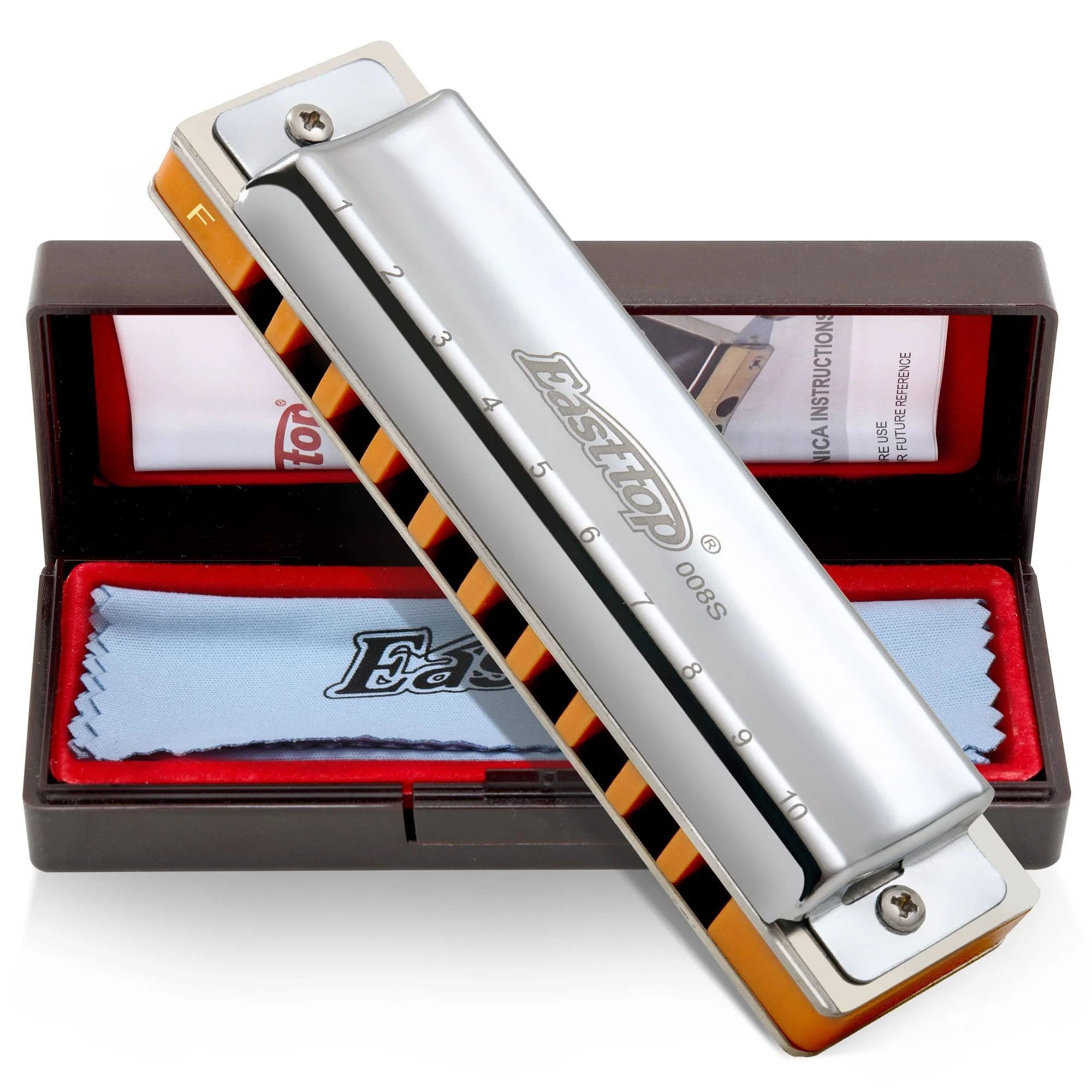 East top 10 Holes Professional Diatonic Blues Harmonica Key of F with Silver Cover, Probgrade Harmonicas For Adults, Professional Player and Students