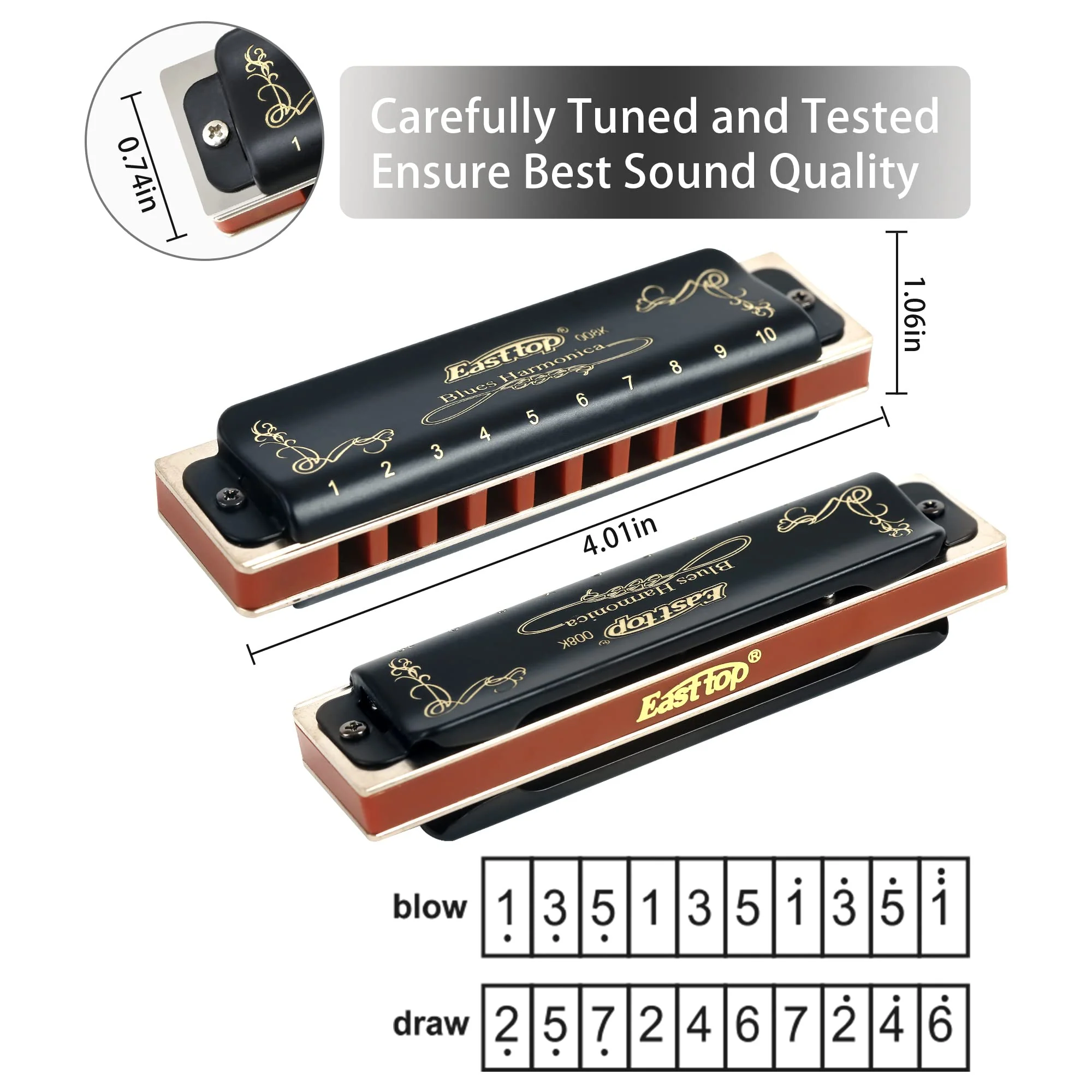 East top Diatonic Harmonica Key of Ab 10 Holes 20 Tones 008K Mouth Organ with Black Cover, Top Grade Harmonica for Adults, Professionals and Students - Image 4