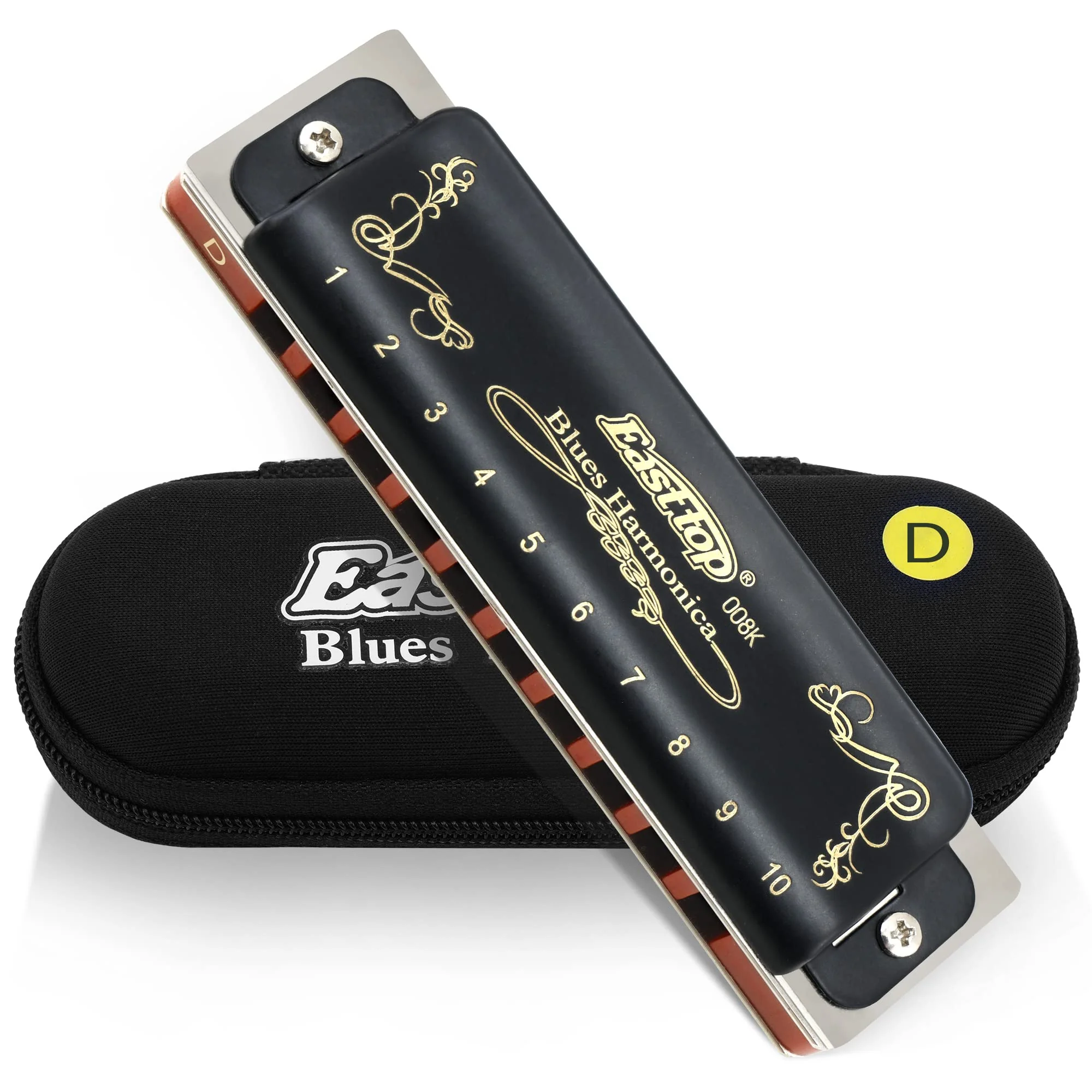 East top Diatonic Harmonica Key of D 10 Holes 20 Tones 008K Mouth Organ with Black Cover, Top Grade Harmonica for Adults, Professionals and Students Black-D