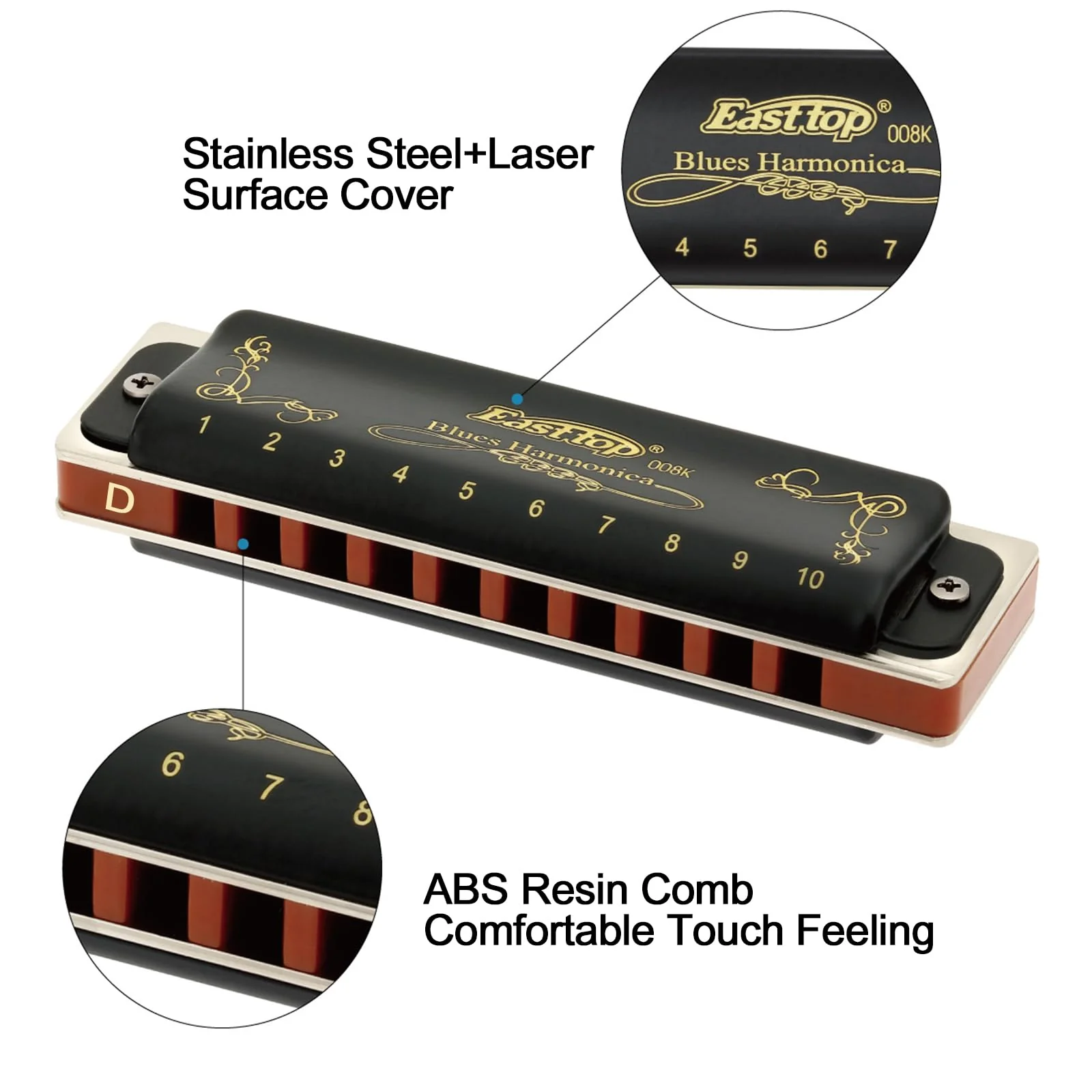 East top Diatonic Harmonica Key of D 10 Holes 20 Tones 008K Mouth Organ with Black Cover, Top Grade Harmonica for Adults, Professionals and Students Black-D - Image 2