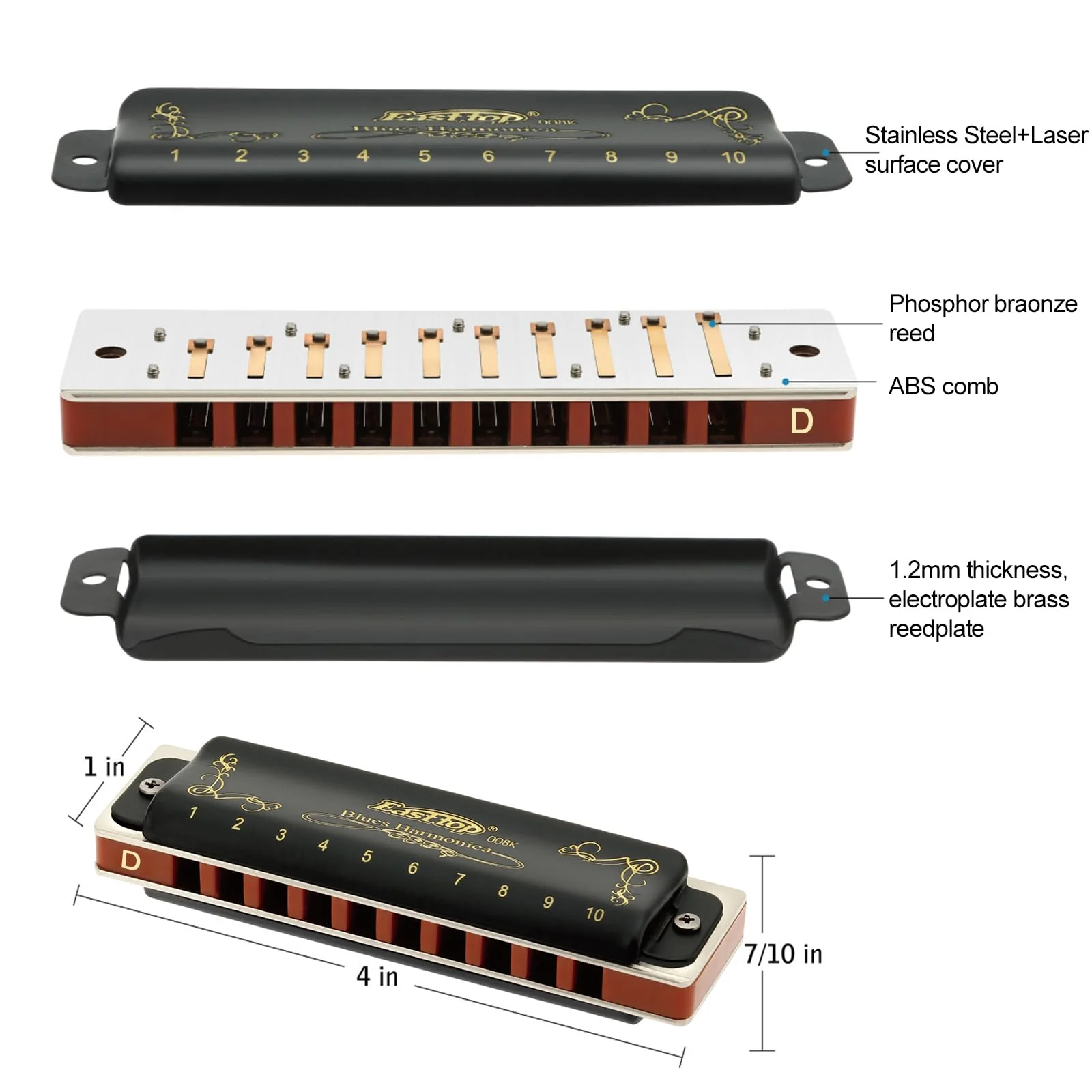 East top Diatonic Harmonica Key of D 10 Holes 20 Tones 008K Mouth Organ with Black Cover, Top Grade Harmonica for Adults, Professionals and Students Black-D - Image 3