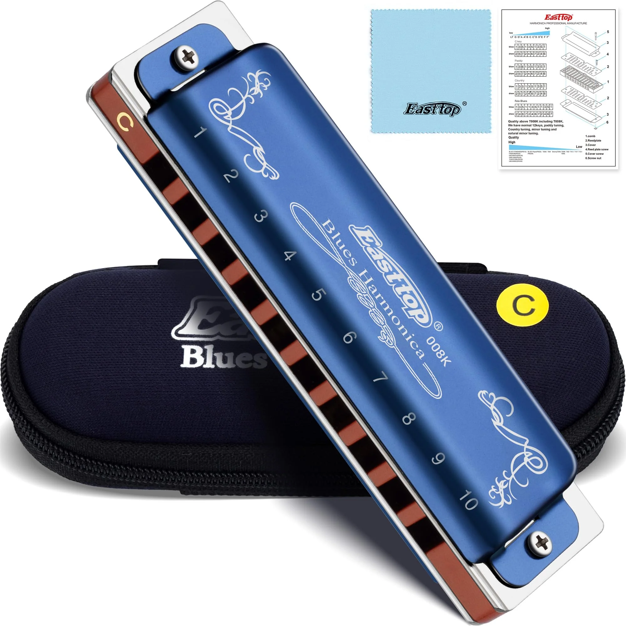 East top Harmonica Key of C, 10 Holes 008K Diatonic Mouth Organ with Blue Case, Standard Harmonica For Adults, Professionals, Beginners and Students, as a Gift blue-C