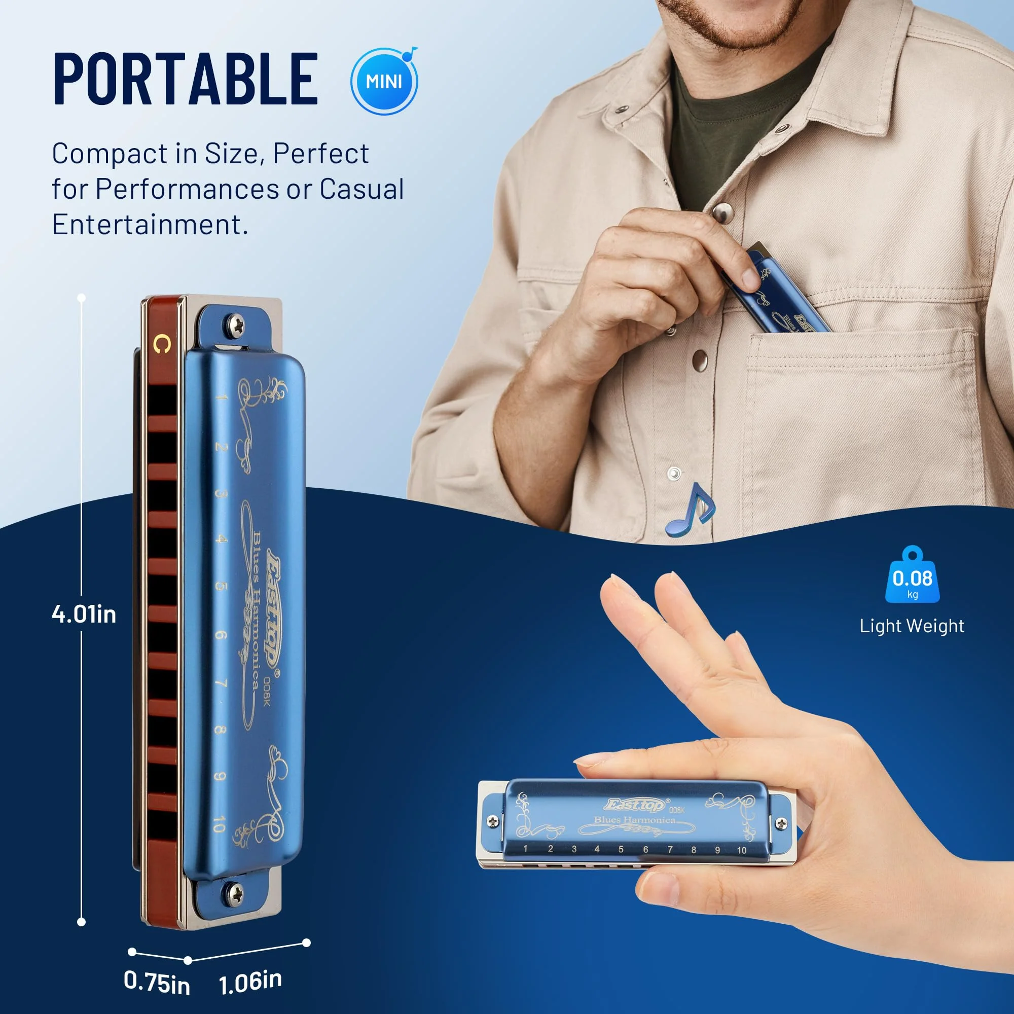 East top Harmonica Key of C, 10 Holes 008K Diatonic Mouth Organ with Blue Case, Standard Harmonica For Adults, Professionals, Beginners and Students, as a Gift blue-C - Image 4