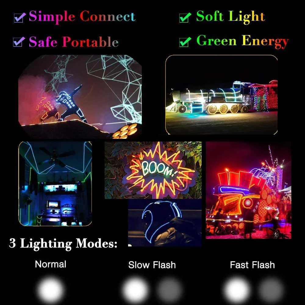 EL Wire 5 Pack, 9ft Neon Light Wire Noise Reduction with Battery Pack(Green, Blue, Red, White, Pink)… (9ft) - Image 7