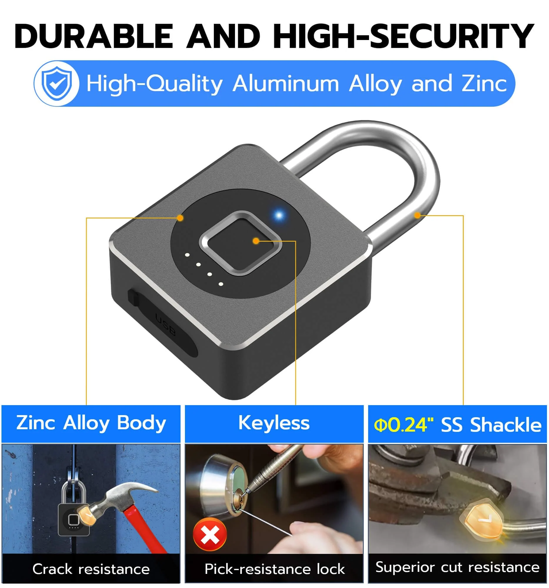 eLinkSmart Fingerprint Gym Locker Lock, Keyless Biometric Padlock, Weatherproof Electronic Digital Bluetooth App Smart Combo Pad Lock for Outdoor Fence Gate School Locker Storage Pool Shed - Black - Image 5