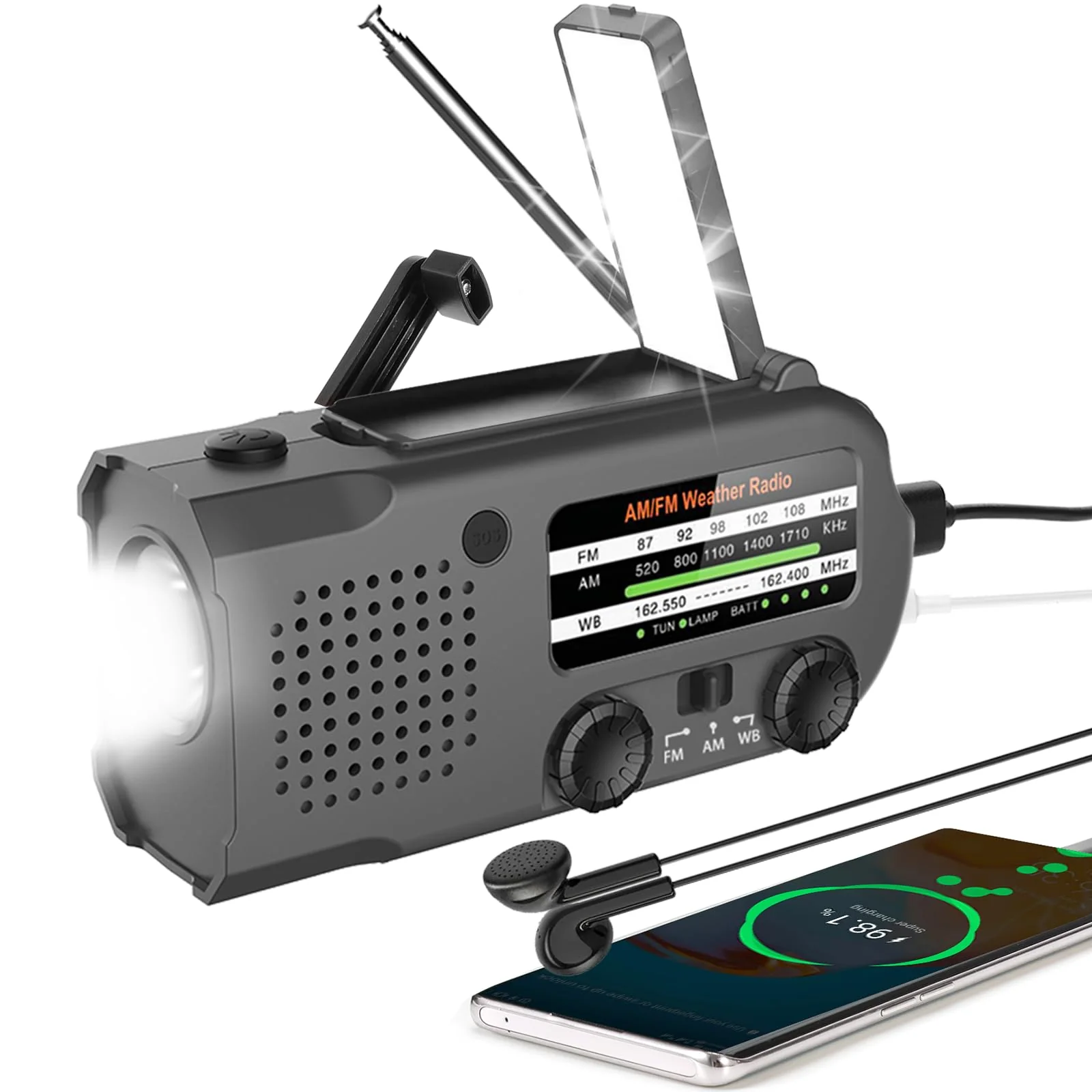 Emergency Radio, Multifunction Solar Crank Radio NOAA Weather AM/FM Radio 5000mAh/18500mWh with USB Charged, Reading Light, Flashlight, SOS Alarm, Headphone Jack Prepare for Emergencies Black