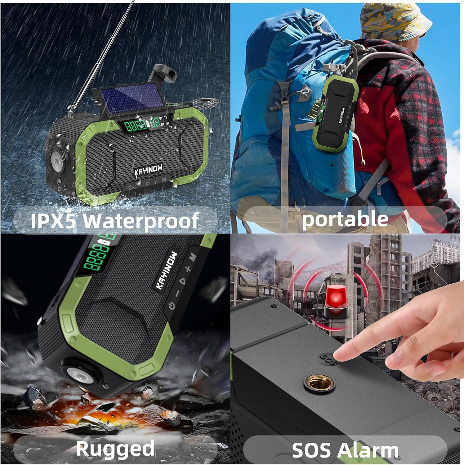 Emergency Radio Waterproof Bluetooth Speaker,Portable AM FM Radio with Flashlight,Reading Lamp,Hand Crank NOAA Weather Radio with Solar Panel,5000mAh/18500mWh Cell Phone Charger,Emergency Survival Kit Green - Image 3