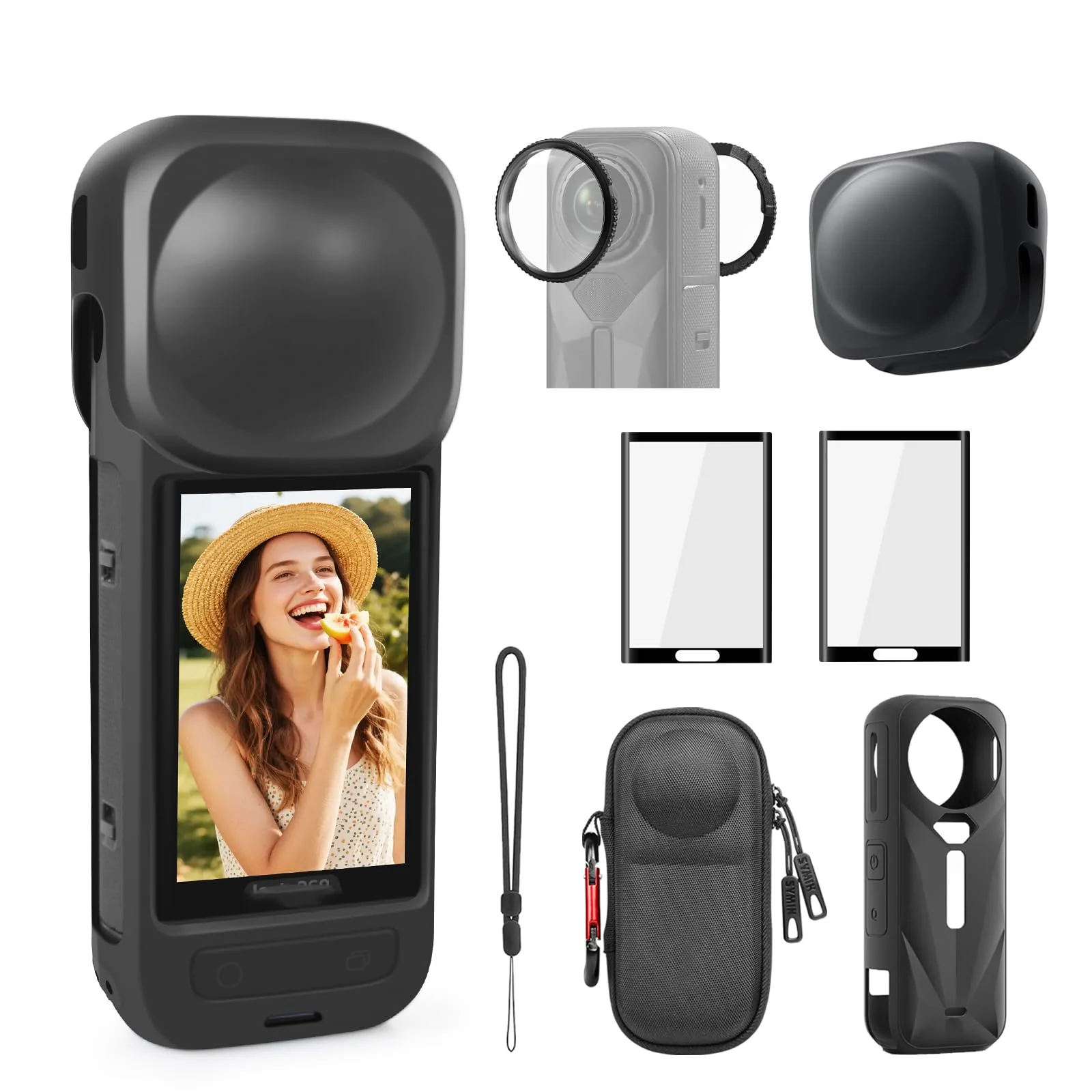Essential Accessories with Portable Mini Carrying Case for Insta360 X5, Premium Lens Guards, Rubber Lens Cap, Silicone Sleeve Protective Case, Screen Protectors Compatible with Insta 360 X5 Accessory Kit -2