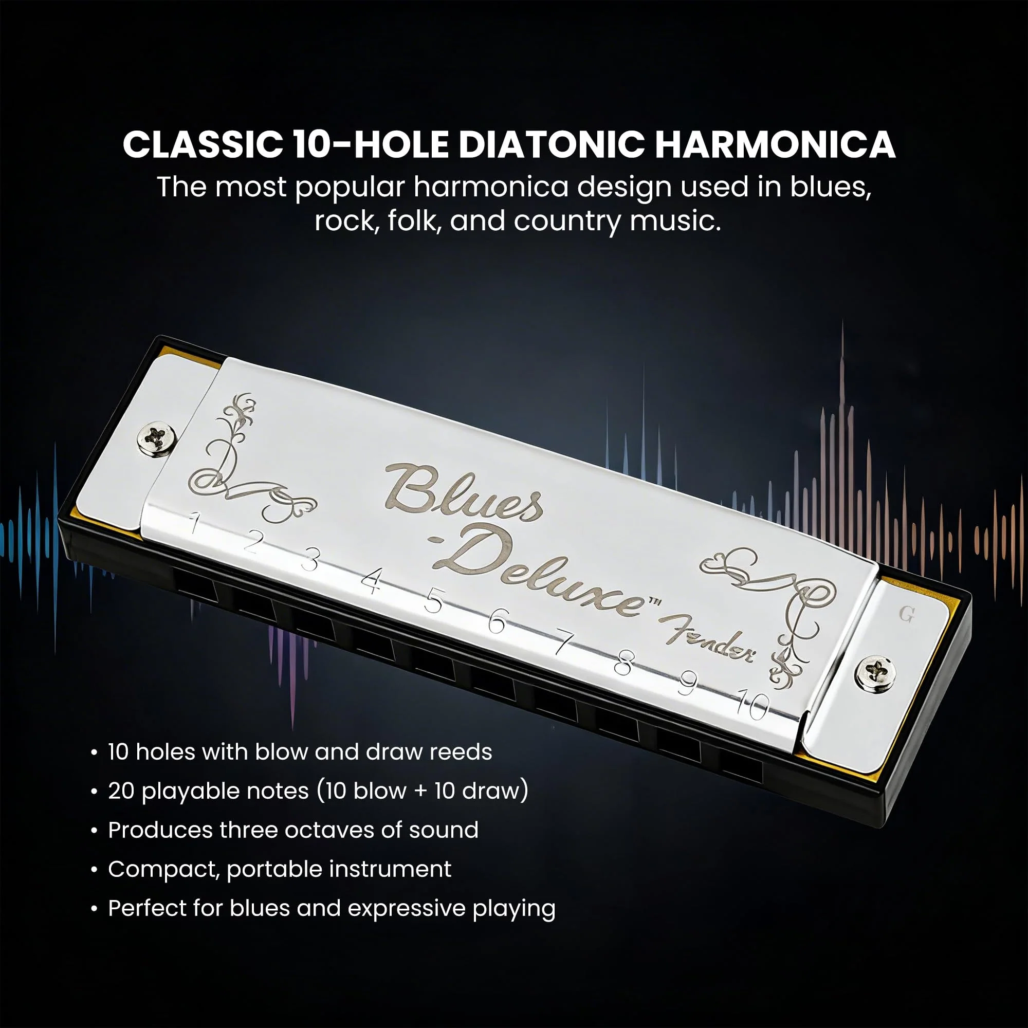 Fender Blues Deluxe Harmonica - Key of G Bundle with Carrying Case, Austin Bazaar Online Manual, and Polishing Cloth - Image 3
