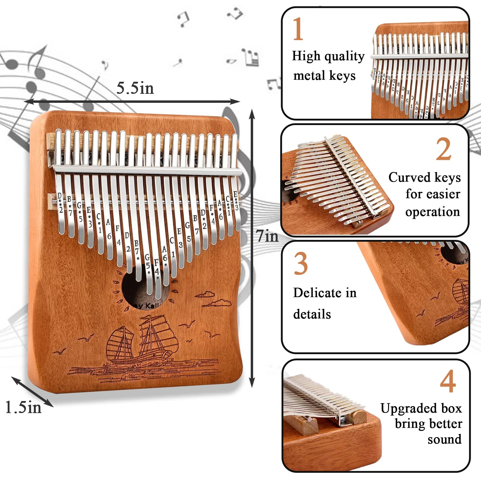 Finger Piano Kalimba 21 Keys, Calimba, Kalimba 21 Key with Tuning Hammer and Instructions, Sail Away Thumb Piano for Adults and Beginners(Brown) Brown - Image 3