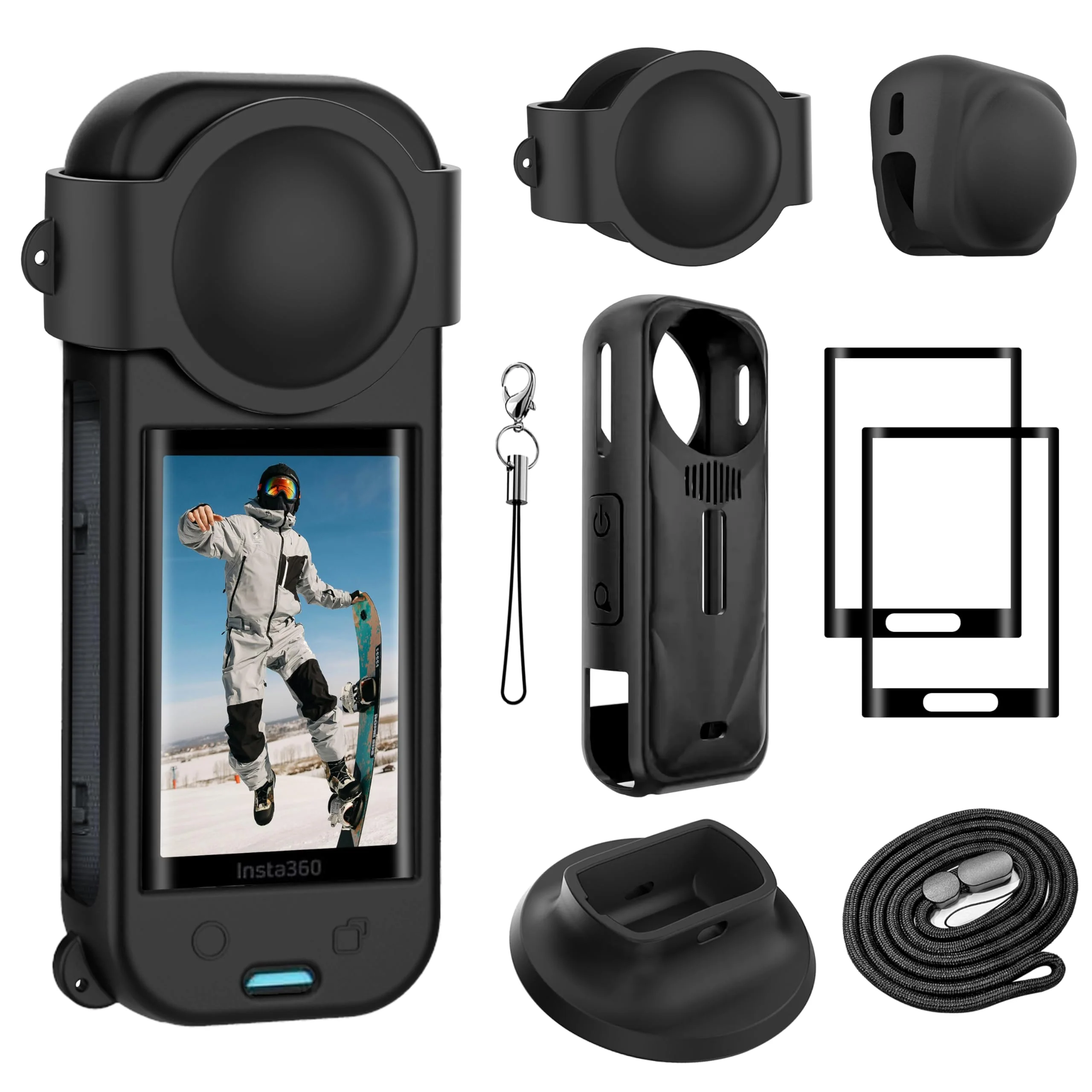 FitStill Protection Accessories Kit Only for Insta 360 X5 Optical 2PCS Tempered Glass Screen Protector+Rubber Lens Cap+Silicone Rubber Protective Case+Silicone Support Base Mount Insta 360x5 Accessory