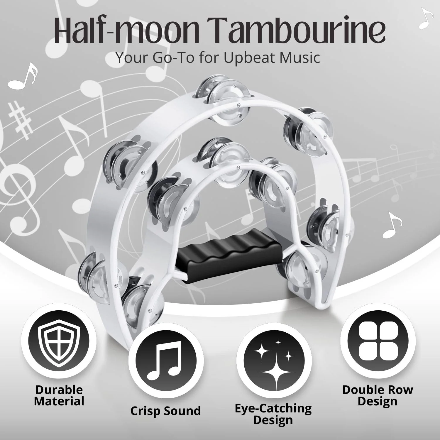 Flexzion Tambourine Metal Half Moon Musical Instruments Double Row Metal Jingles Hand Held Instruments Percussion with Ergonomic Handle Grip, Tambourines for Adults, 2 Packs - White - Image 2