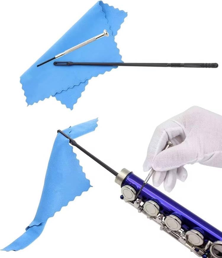Flute Cleaning Kit Include 1pc Cotton Cleaning Brush, Flute Swab, Double-End Dust Brush,Flute Cleaning Rod, Screwdriver for Flute Repairing,Cork Grease, a Pair Cotton Gloves, 2pcs Flute Cleaning Cloth yellow - Image 5