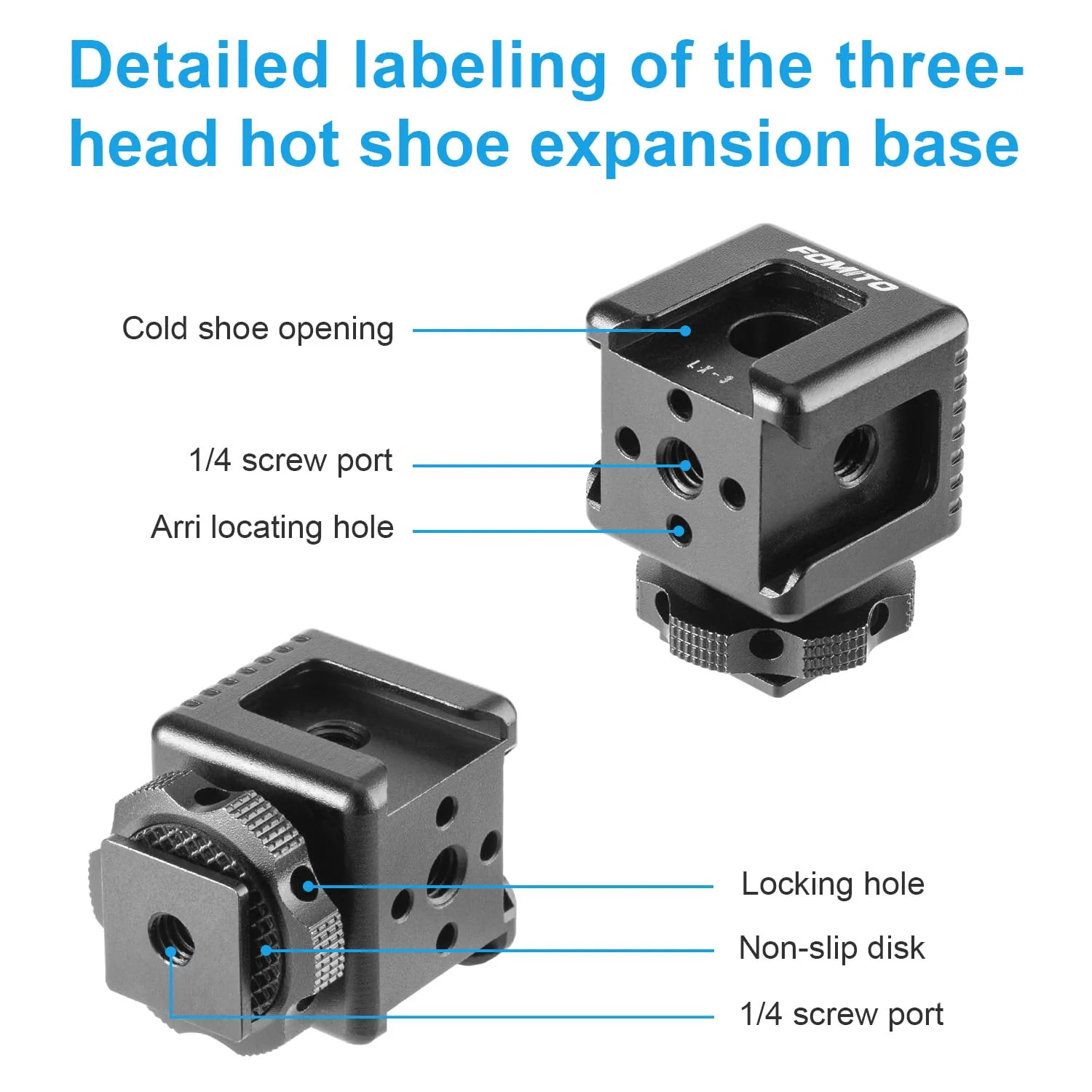 FOMITO 3 Port Cold Shoe Mount with 1/4"-20 Thread for Camea Cage Tripod Grip Flash LED Monitor Microphone - Image 3