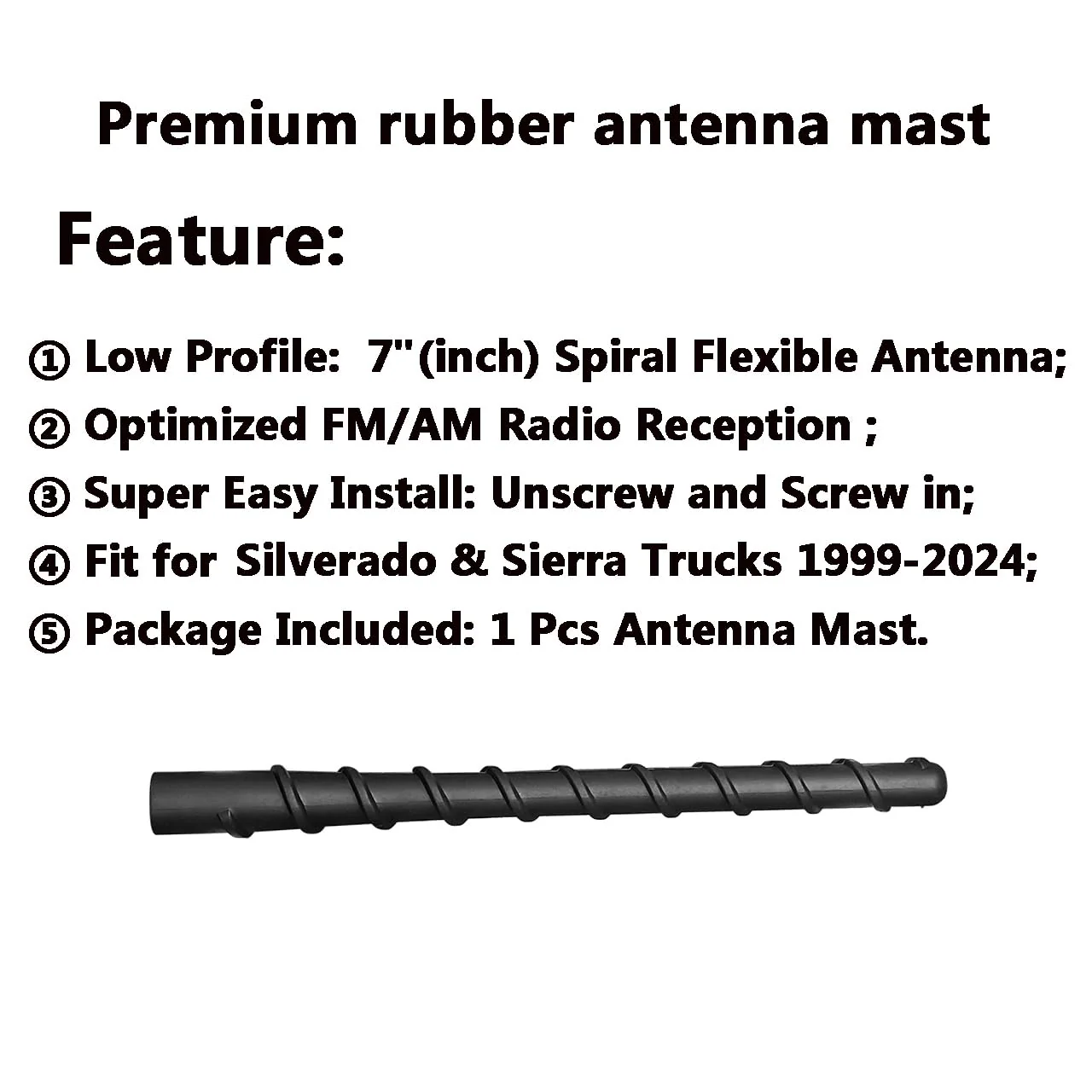 for GM Truck Short Antenna Fit for GMC Sierra 1500-3500 Denali (1999-2024) | Chevy Silverado 1500-3500 (1999-2024) | 7" Spiril Flexible Rubber Antenna, Optimized AM/FM Radio Reception Accessories - Image 6