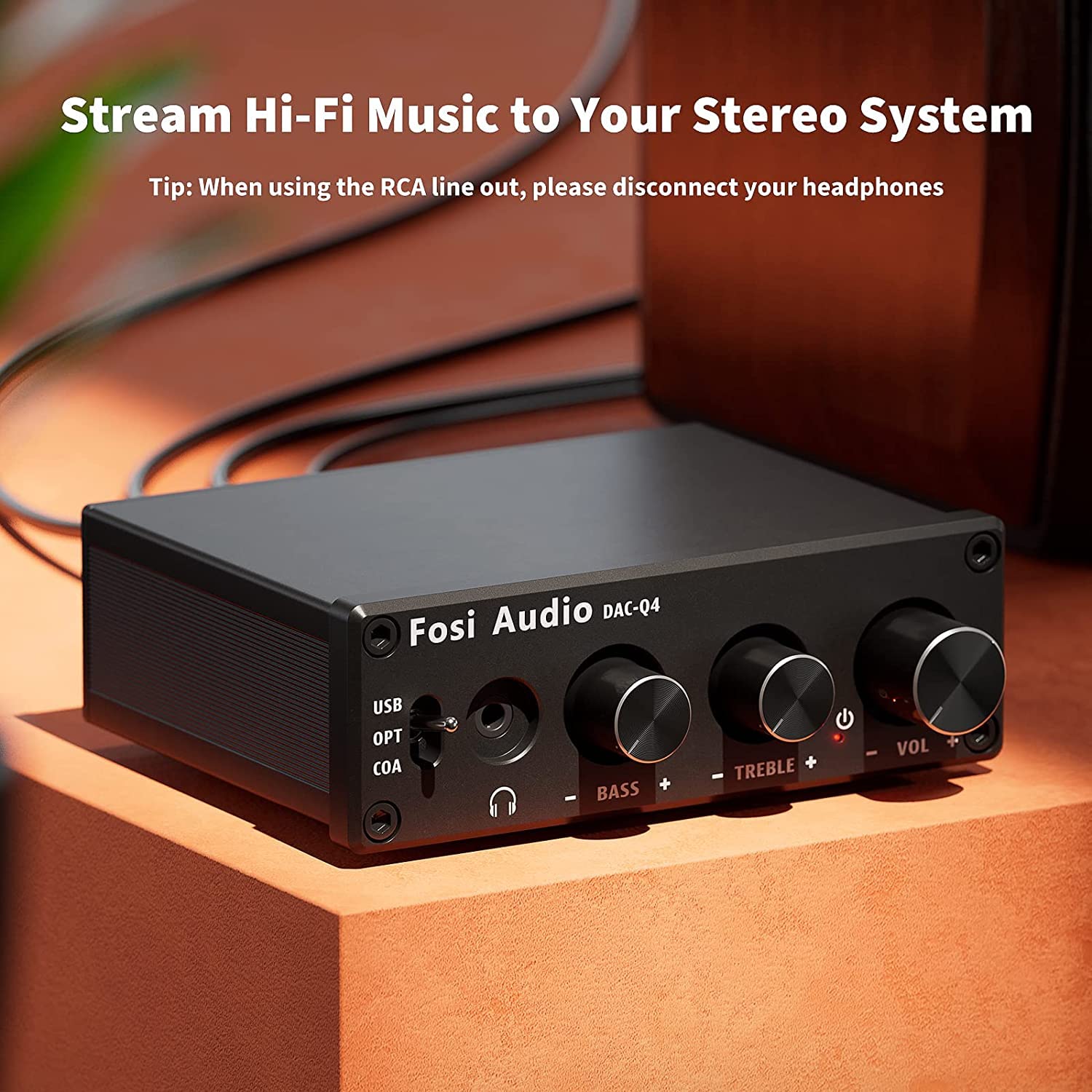 Fosi Audio Q4 Desktop DAC Headphone Amp for PC Mini Stereo Headphone Amplifier Combo USB Optical Coaxial to RCA AUX Digital-to-Analog Audio Converter Adapter for Home Powered Speakers - Image 3