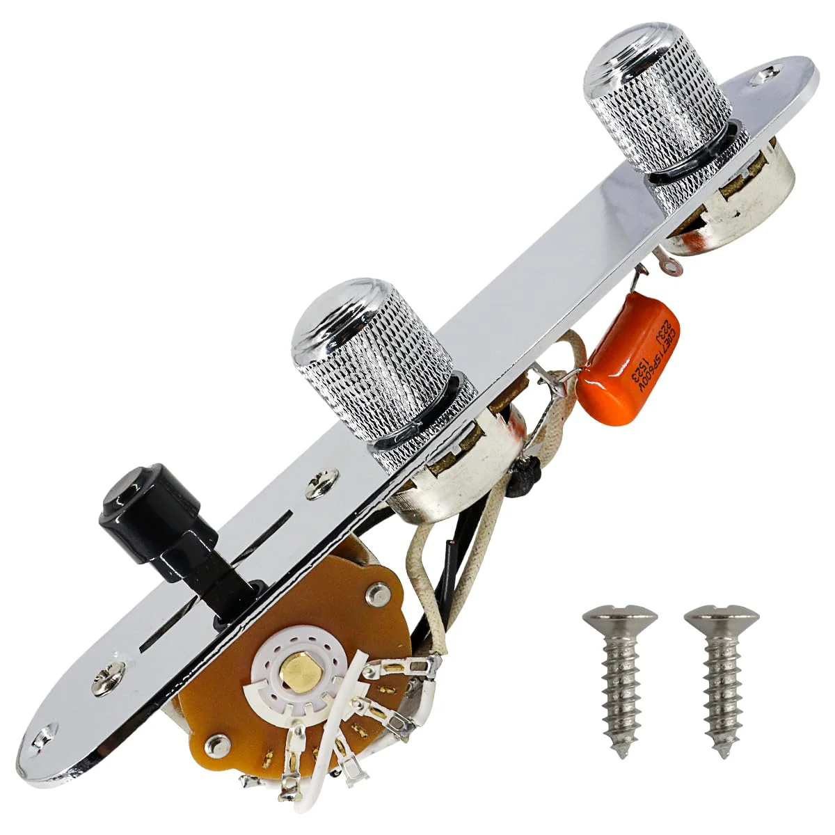 Fully Loaded Guitar Control Plate Prewired 3-Way Switch 250K Large Potentiometers Knurled Volume Tone Controls Knobs for Tele/Telecaster Electric Guitar Parts Replacement (Chrome) Chrome