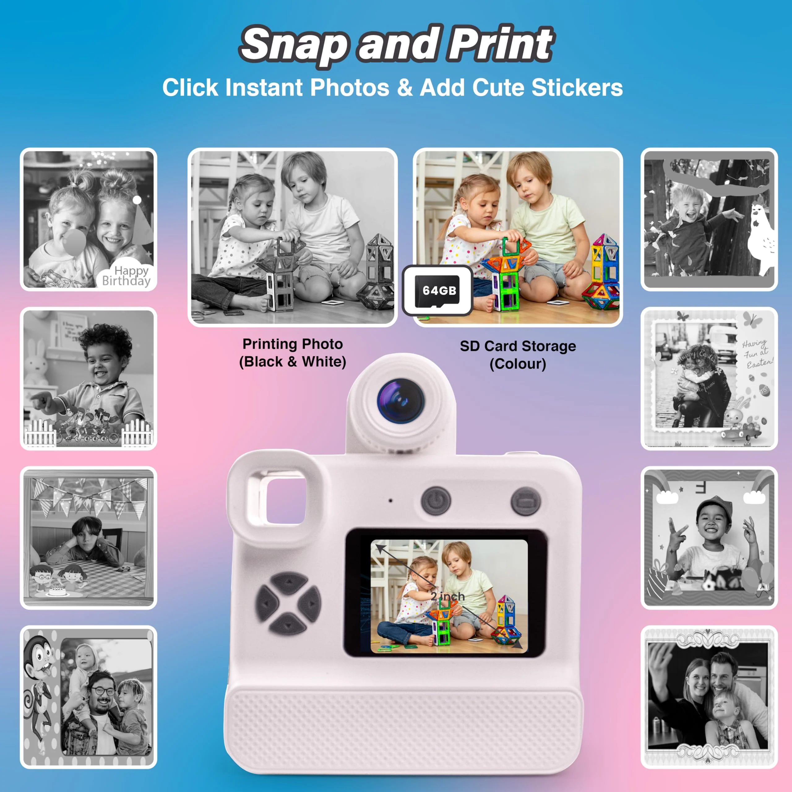 GabbaGoods Instant Print Kids Camera For 3 4 5 6 7 8 9 Year Old Kids With 32GB SD Card, Instant Thermal Print Feature Best For Gift On Christmas/Birthday/Holiday | Toddler Camera | Kids Digital Camera White - Image 3
