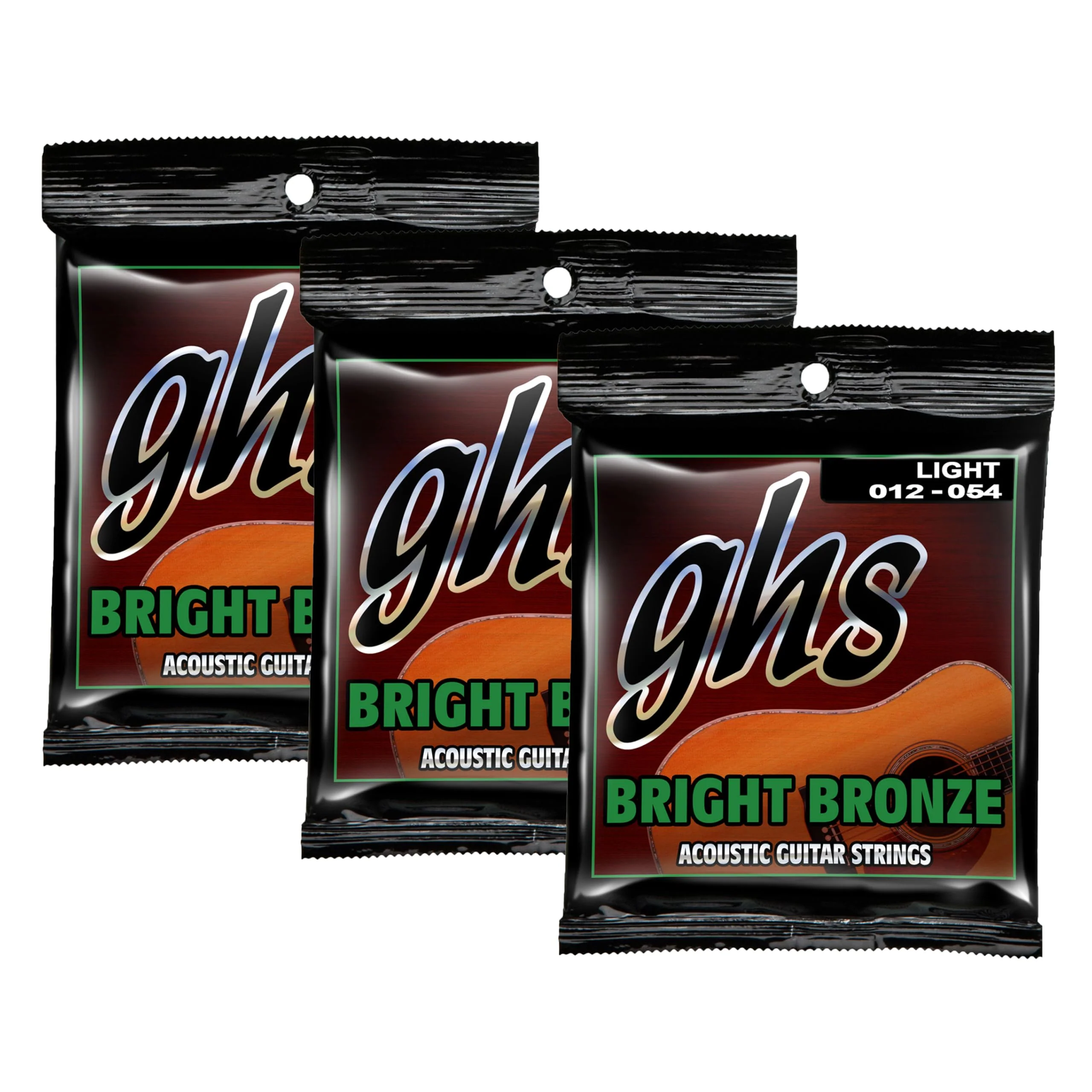 GHS Strings - Bright Bronze Acoustic Guitar Strings – Light Gauge 12-54 (BB30L Set) - 80/20 Bronze Copper-Zinc Alloy, Bright Tone, Extra Clarity, Long-Lasting Guitar Strings – Pack of 3 Light (12-54)