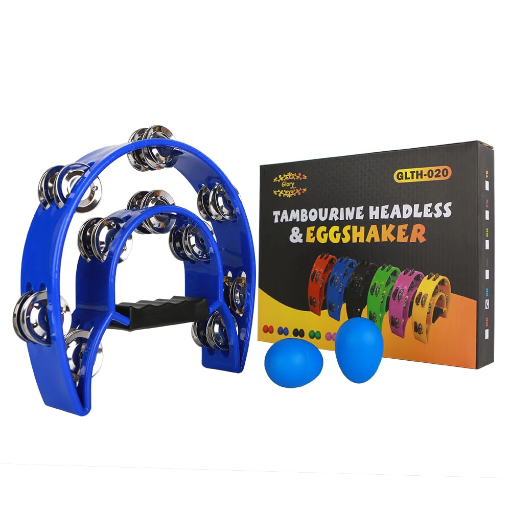 Glory Double Row Tambourine, Half Moon Double Row Metal Jingles Hand Held Instruments Percussion with Handle Grip, Tambourines for Adults, Party,Gift,Blue Blue - Image 2
