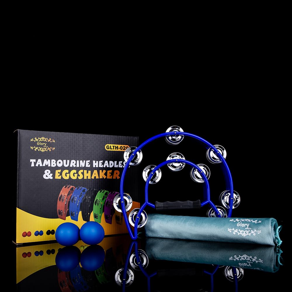 Glory Double Row Tambourine, Half Moon Double Row Metal Jingles Hand Held Instruments Percussion with Handle Grip, Tambourines for Adults, Party,Gift,Blue Blue - Image 7