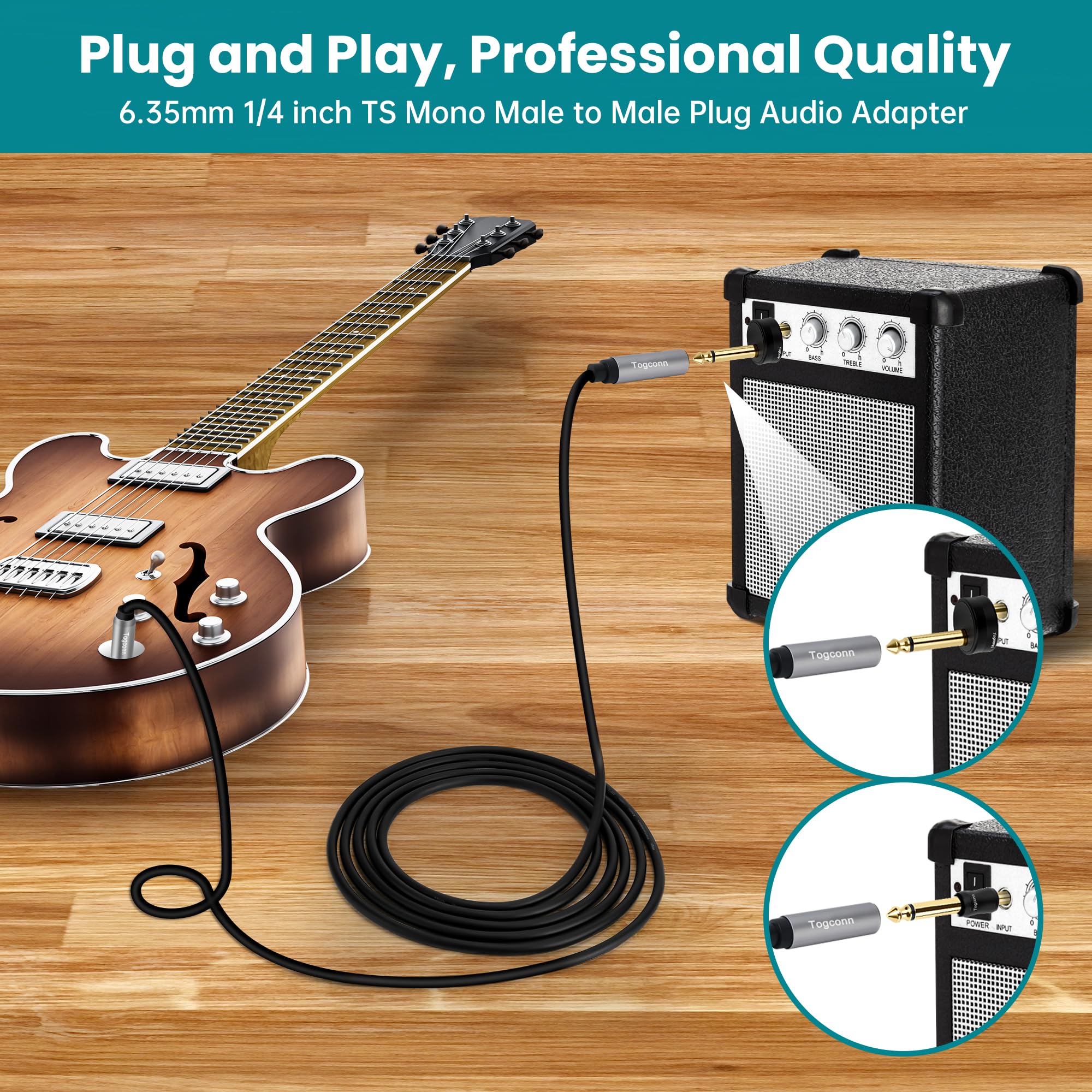 Gold-Plated Guitar Pedal Effects Patch Connector Coupler 10 Pack,6.35mm to 6.35mm Adapter, Angle 1/4 Quarter Inch TS Mono Male to Male Jack Plug, Audio Converter Premium Quality Series - Image 4