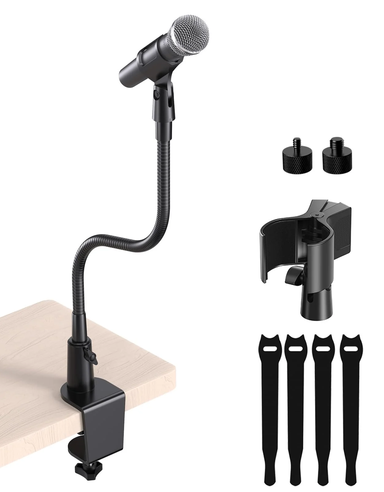 Gooseneck Mic Stand with Clamp, 19-Inch Flexible Desktop Microphone Arm Holder with 3/8" & 1/4" Screw Adapters, 360° Adjustable, Ideal for Podium, Pulpit, Lecture, Conference and Live Streaming