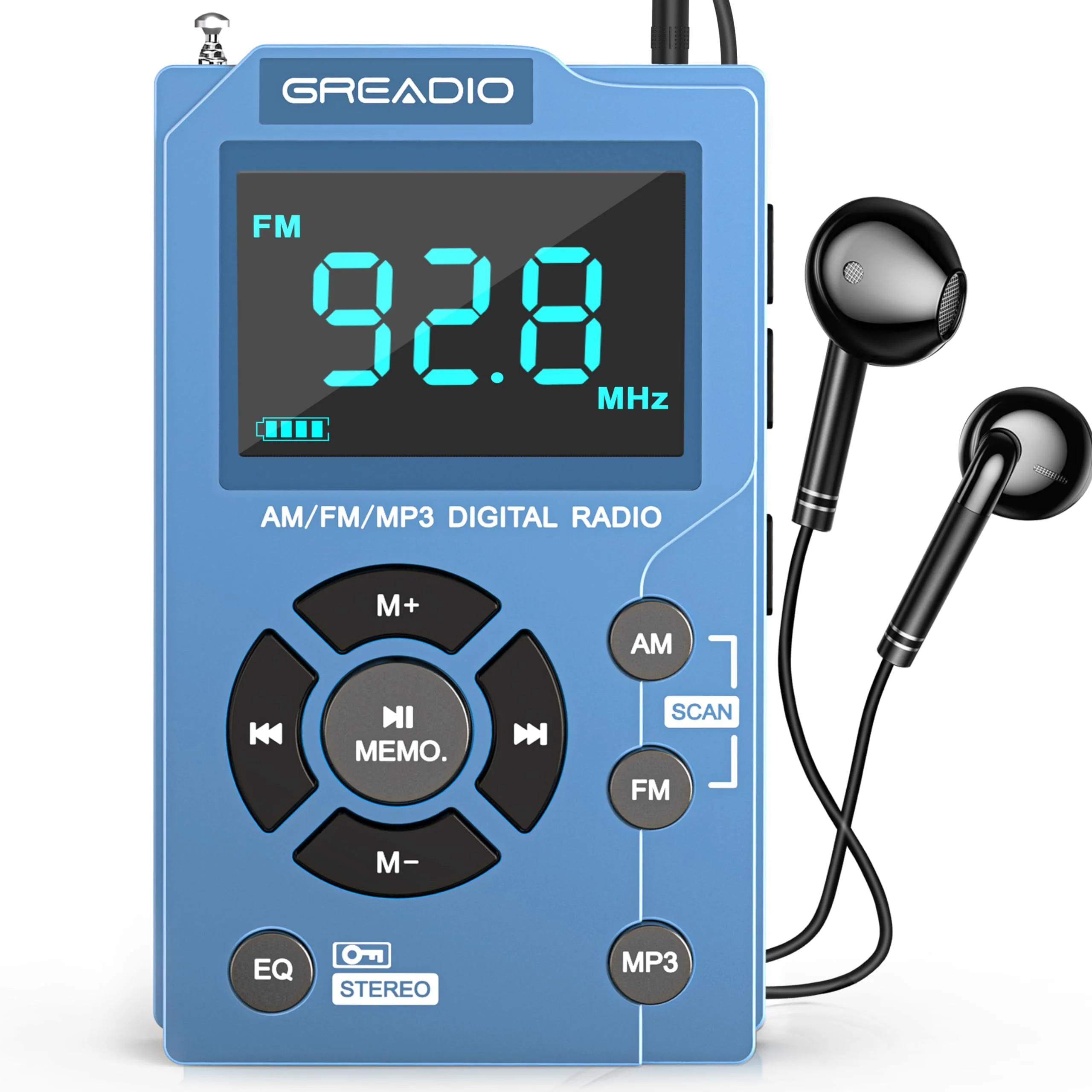 Greadio Portable AM FM Radio with MP3 Player, Best Reception Pocket Radio, Large LCD Screen and Easy to Use, 6 EQ Stereo, Earphone Jack for Jogging, Walking, Camping Blue