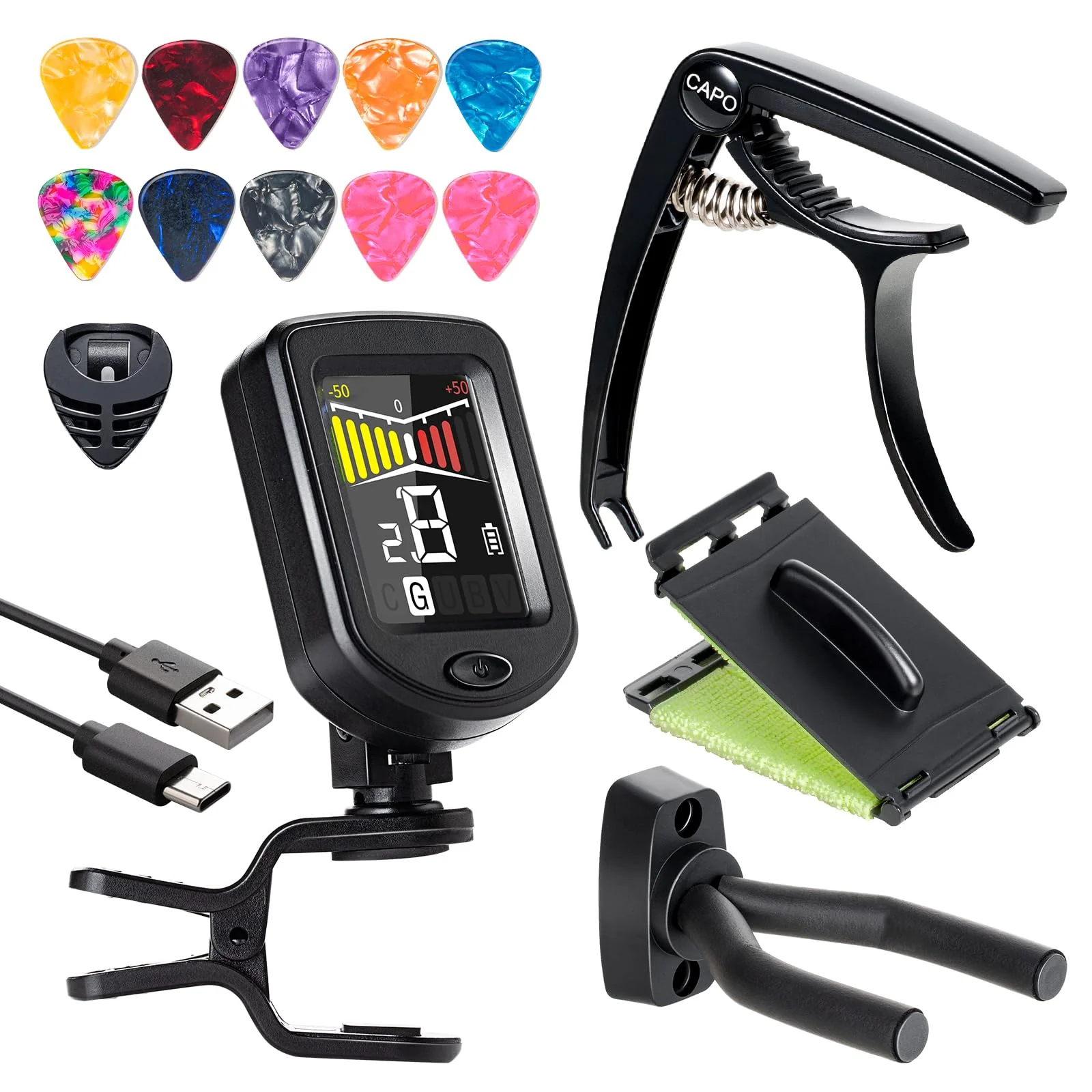 Guitar Capo Rechargeable Guitar Tuner Acoustic Guitar Accessories Kit Including Capo, Tuner, Picks, Wall Mount Hanger, Guitar String Cleaner for Guitar Players