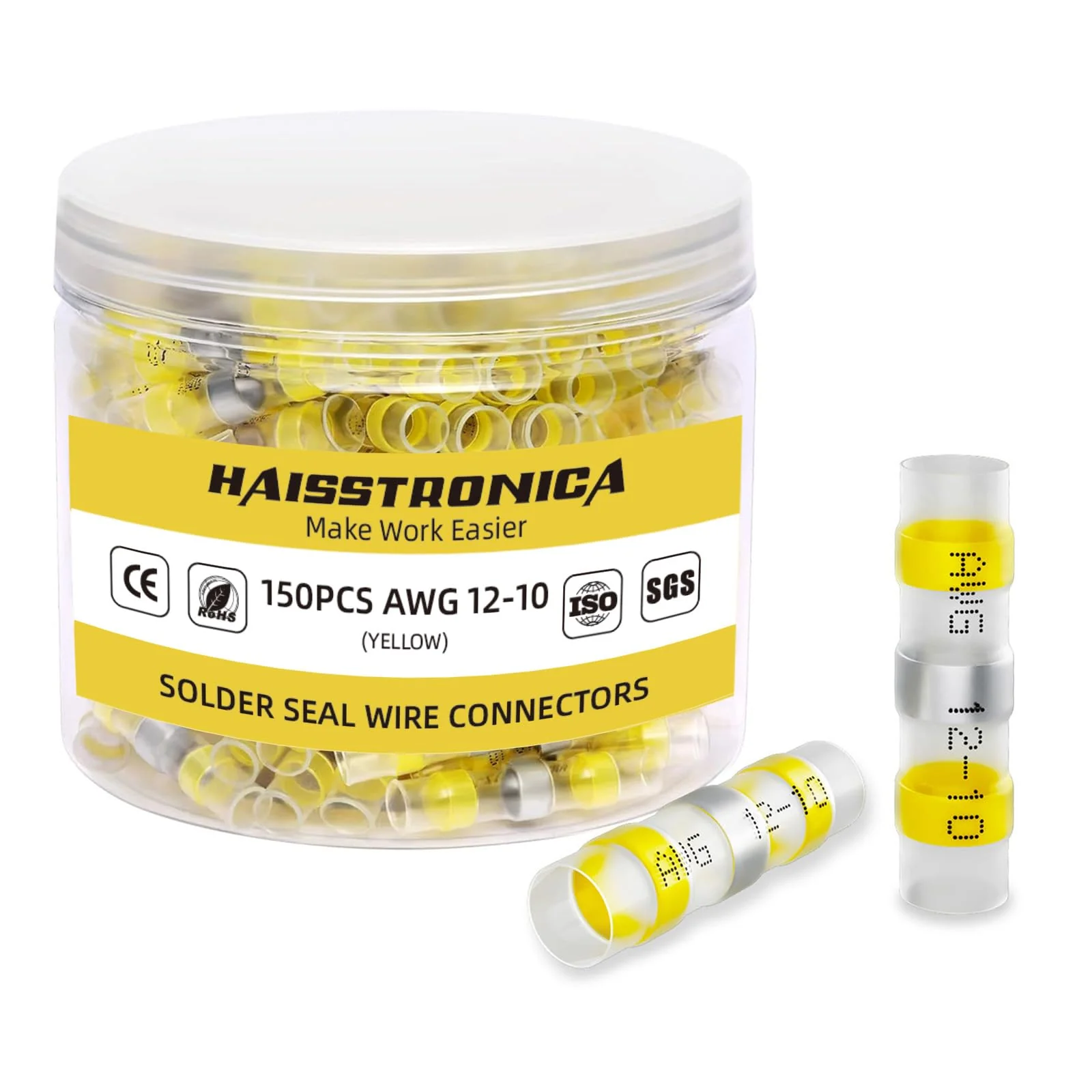 haisstronica 150PCS Solder Seal Wire Connectors,Waterproof Wire Connectors, Heat Shrink Butt Connectors for Watercraft,Electrical,Electronics 12-10 Yellow AWG 12-10 Yellow 150