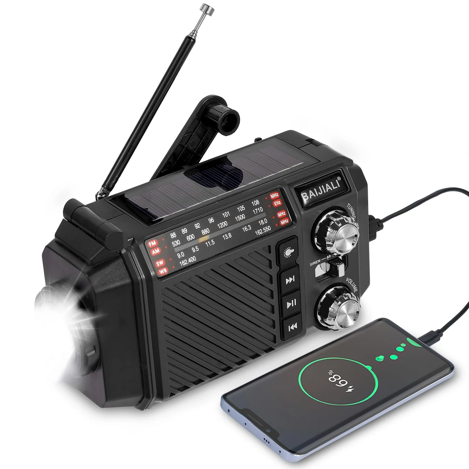 Hand Crank Emergency Weather Radio with 2600mAh/9620mWh Power Bank, NOAA AM FM Shortwave Portable Radio, Solar & USB-C Charging, Flashlight, SOS Alarm for Emergency Kits (Black) Black