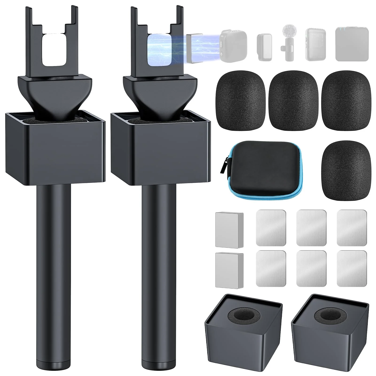 Handheld Adaptor for Interview Mic, 2 Packs Wireless Mic holders for DJI/Rode/Hollyland Lark Lavalier, Universal Magnetic Microfono Stand with Foam Windshield & Flag Station for Interview/Vlogging 2 Pack