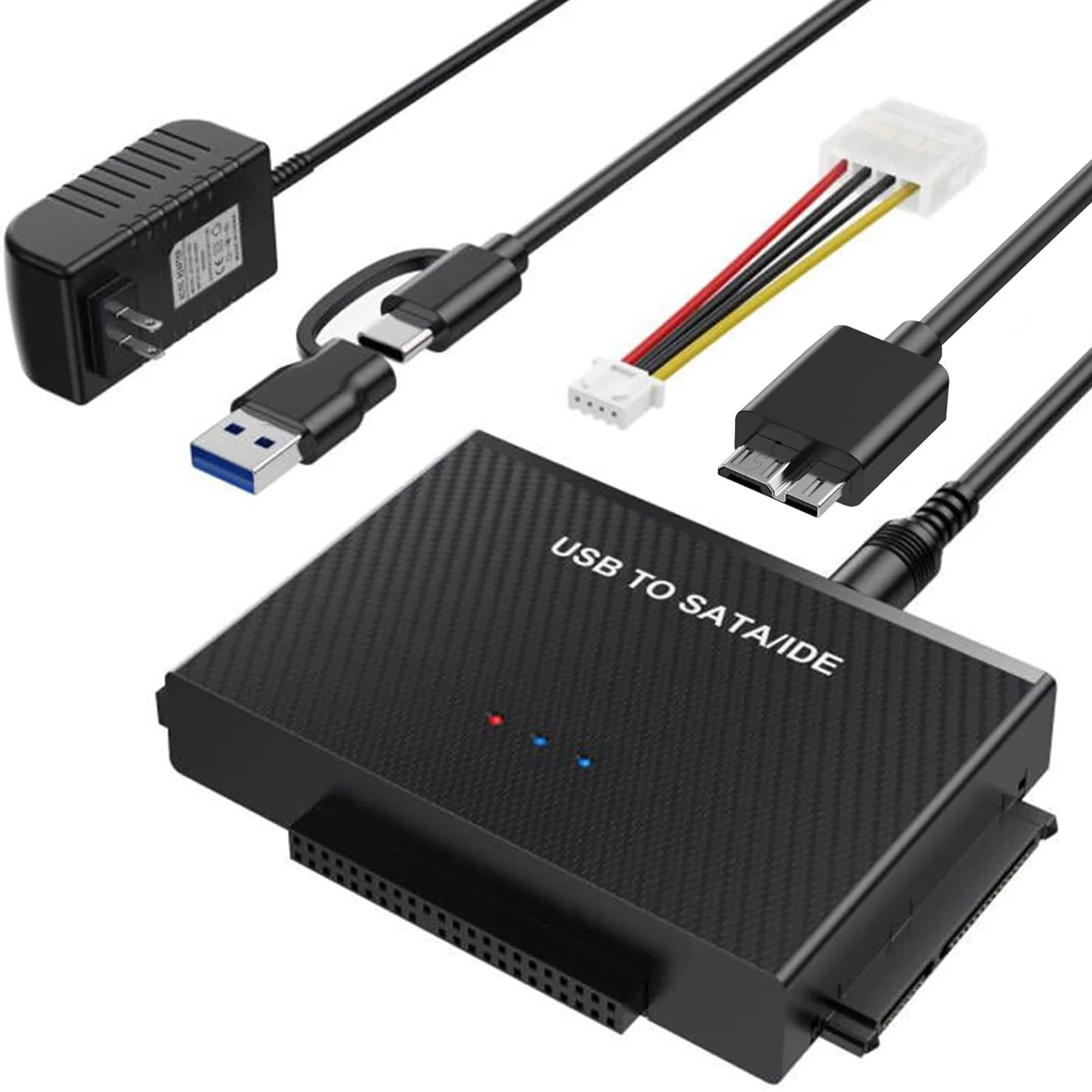 Hard Drive Reader USB 3.0 to SATA IDE Adapter,IDE SATA to USB + Type C External Hard Drive Adapter Data Recovery Converter Kit for Universal 2.5 3.5 HDD SSD Hard Drive Disk, with 12V/2A Power Adapter