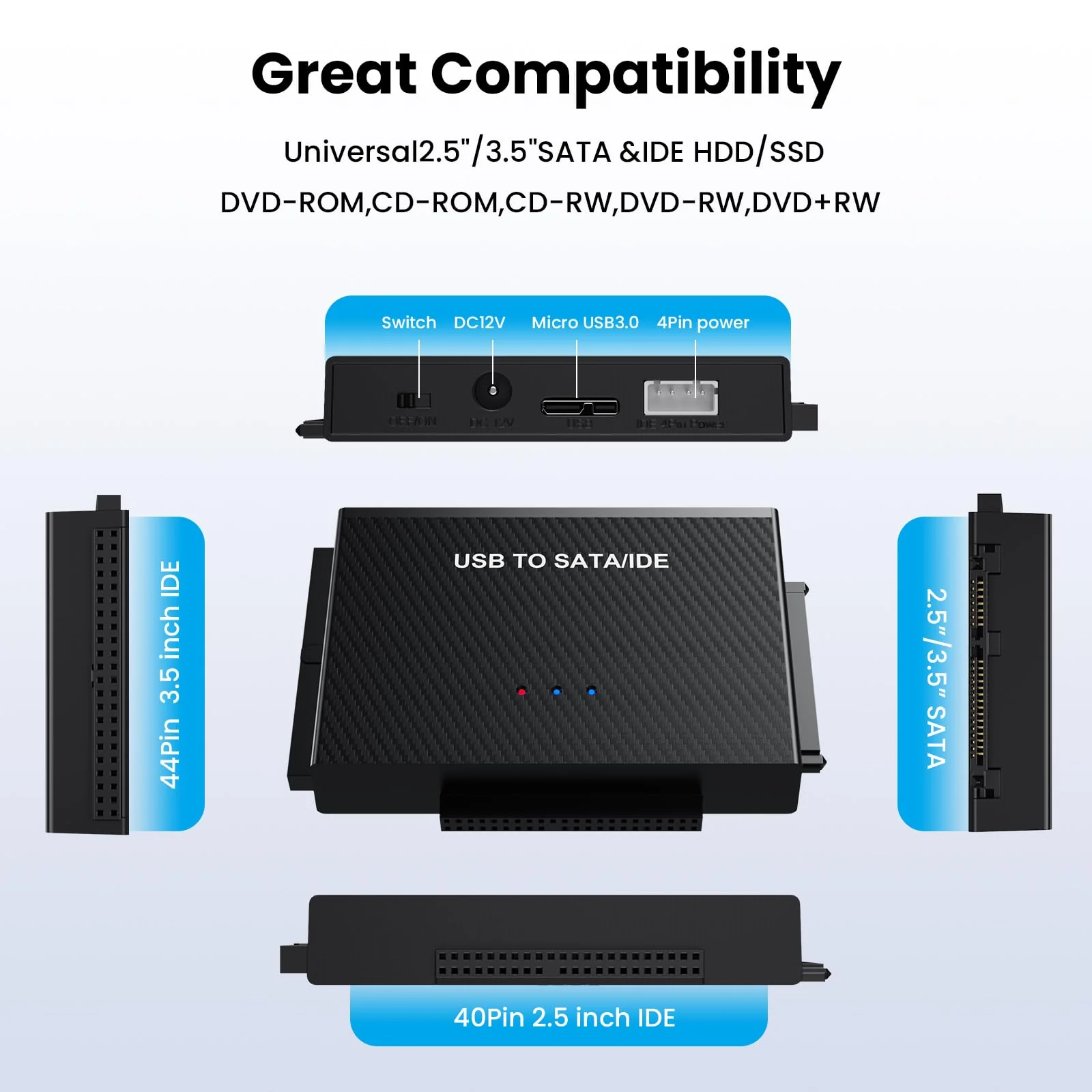Hard Drive Reader USB 3.0 to SATA IDE Adapter,IDE SATA to USB + Type C External Hard Drive Adapter Data Recovery Converter Kit for Universal 2.5 3.5 HDD SSD Hard Drive Disk, with 12V/2A Power Adapter - Image 5